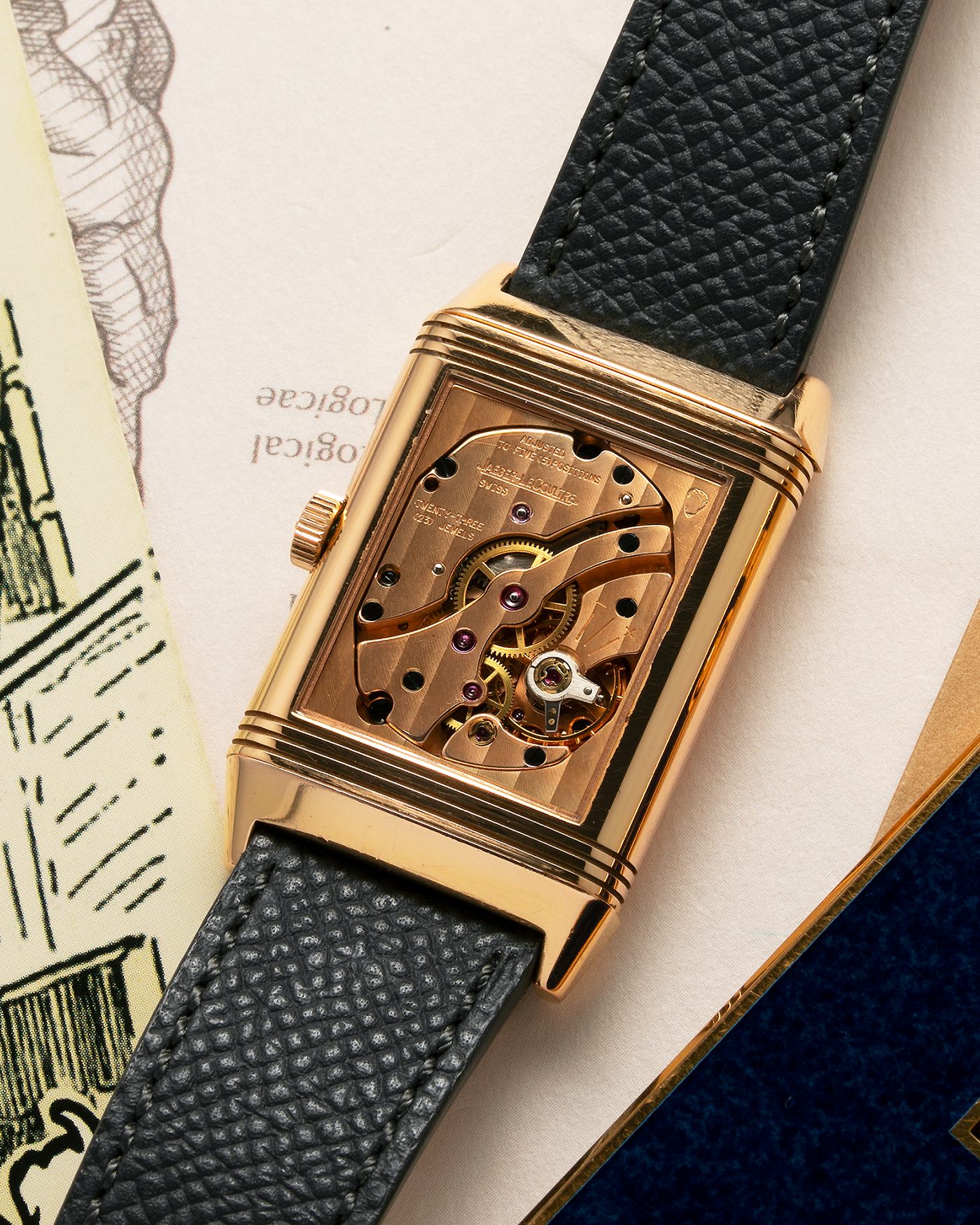 Brand: Jaeger LeCoultre Year: 1991 Model: Reverso Soixantième 60th Anniversary Ref. 270.2.64, Limited to 500 Pieces Reference: 270.2.64 Material: 18-carat Rose Gold Movement: JLC Cal. 824, Manual-Wind Case Diameter: 42mm x 26mm x 9.5mm Lug Width: 19mm Strap: Molequin Grey Textured Calf with Signed 18-carat Pink Gold Deployant Clasp