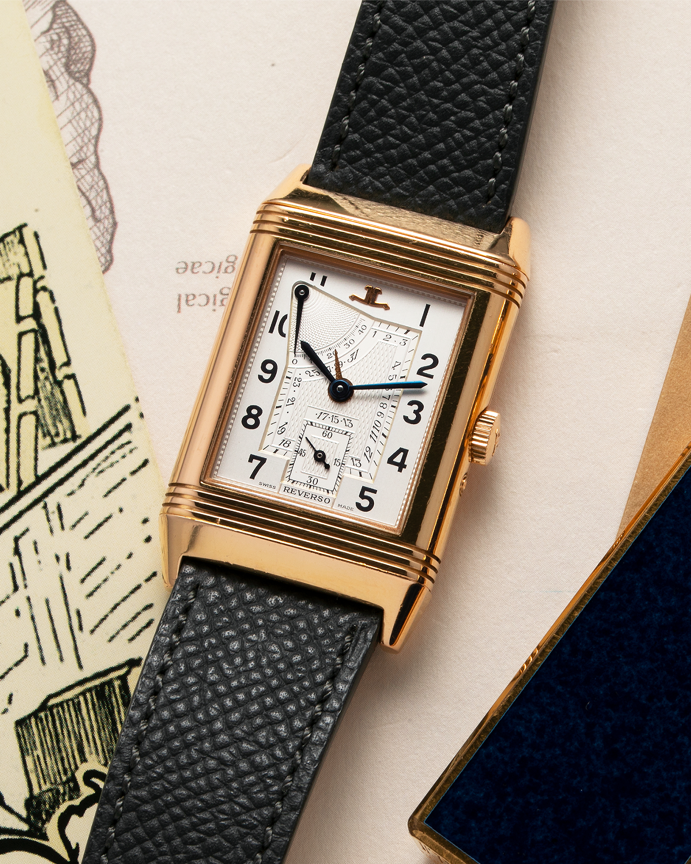 Brand: Jaeger LeCoultre Year: 1991 Model: Reverso Soixantième 60th Anniversary Ref. 270.2.64, Limited to 500 Pieces Reference: 270.2.64 Material: 18-carat Rose Gold Movement: JLC Cal. 824, Manual-Wind Case Diameter: 42mm x 26mm x 9.5mm Lug Width: 19mm Strap: Molequin Grey Textured Calf with Signed 18-carat Pink Gold Deployant Clasp