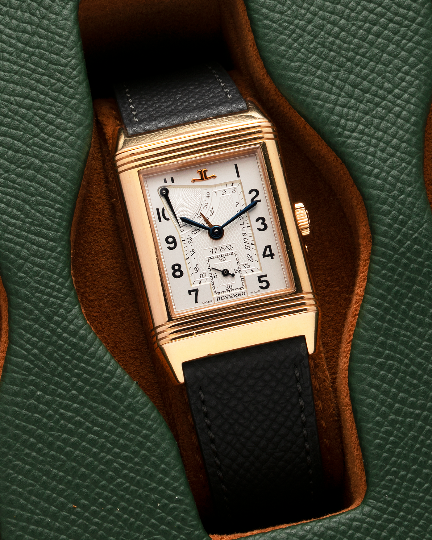 Brand: Jaeger LeCoultre Year: 1991 Model: Reverso Soixantième 60th Anniversary Ref. 270.2.64, Limited to 500 Pieces Reference: 270.2.64 Material: 18-carat Rose Gold Movement: JLC Cal. 824, Manual-Wind Case Diameter: 42mm x 26mm x 9.5mm Lug Width: 19mm Strap: Molequin Grey Textured Calf with Signed 18-carat Pink Gold Deployant Clasp