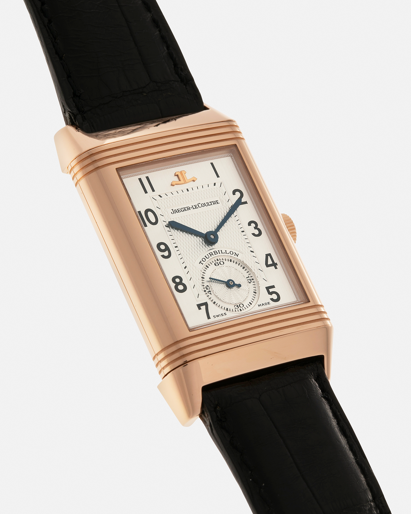 Brand: Jaeger LeCoultre
Year: 1990s
Model: Reverso Tourbillon, Limited to 500 pieces
Reference: 270.2.68
Material: 18-carat Rose Gold
Movement: Jaeger LeCoultre Cal. 828, Manual-Winding
Case Dimensions: 42mm (Including Lugs) x 26mm x 10mm
Lug Width: 19mm
Strap: Jaeger LeCoultre Black Alligator Leather Strap with Signed 18-carat Rose Gold Deployant Clasp