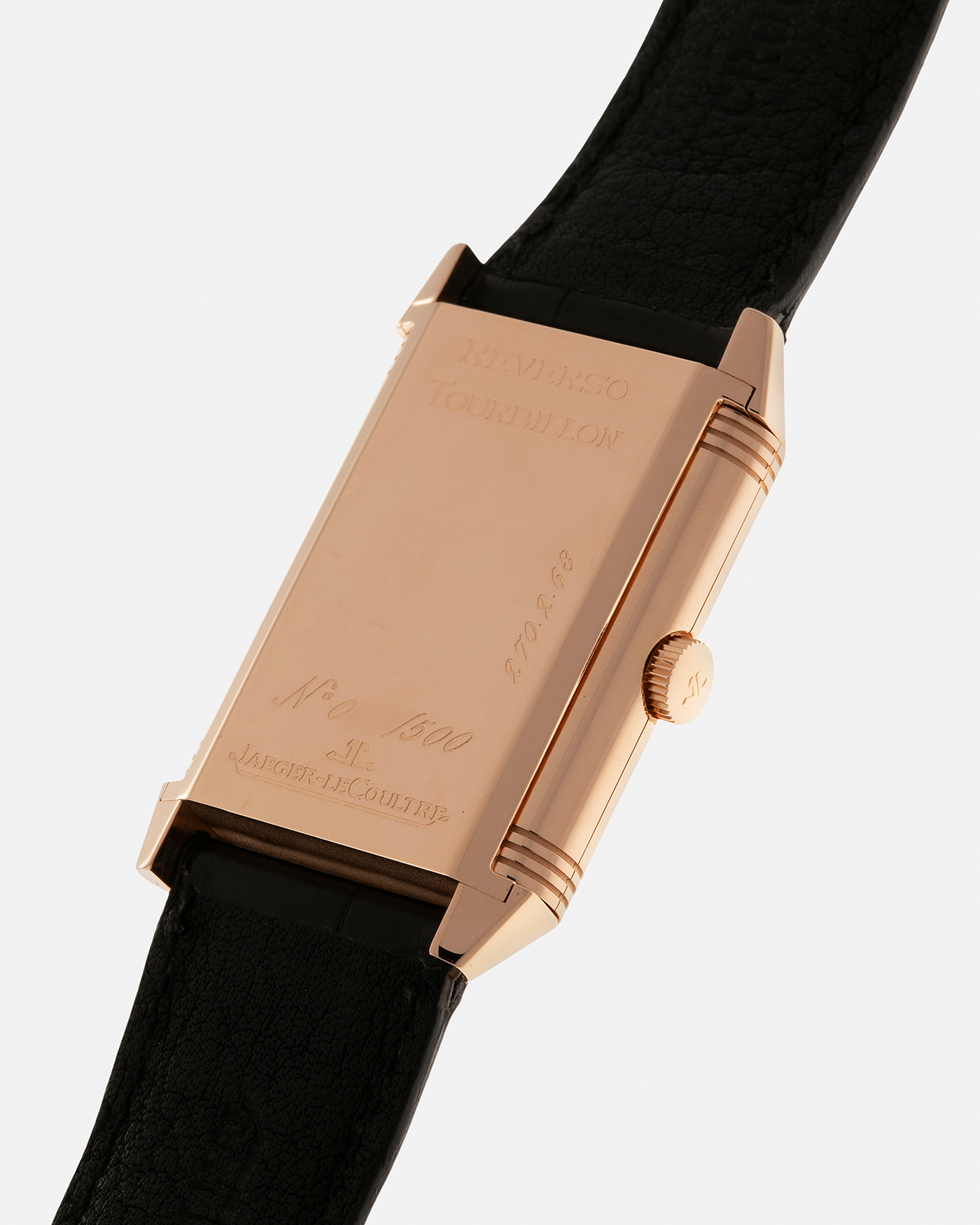 Brand: Jaeger LeCoultre
Year: 1990s
Model: Reverso Tourbillon, Limited to 500 pieces
Reference: 270.2.68
Material: 18-carat Rose Gold
Movement: Jaeger LeCoultre Cal. 828, Manual-Winding
Case Dimensions: 42mm (Including Lugs) x 26mm x 10mm
Lug Width: 19mm
Strap: Jaeger LeCoultre Black Alligator Leather Strap with Signed 18-carat Rose Gold Deployant Clasp