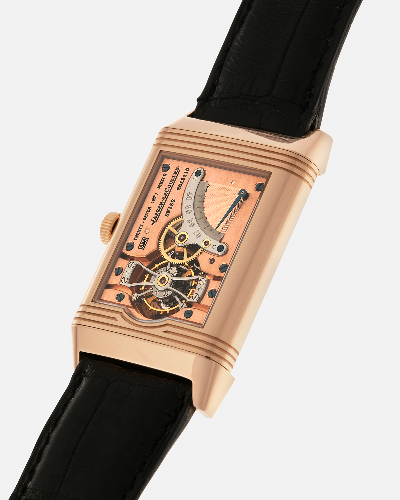 Brand: Jaeger LeCoultre
Year: 1990s
Model: Reverso Tourbillon, Limited to 500 pieces
Reference: 270.2.68
Material: 18-carat Rose Gold
Movement: Jaeger LeCoultre Cal. 828, Manual-Winding
Case Dimensions: 42mm (Including Lugs) x 26mm x 10mm
Lug Width: 19mm
Strap: Jaeger LeCoultre Black Alligator Leather Strap with Signed 18-carat Rose Gold Deployant Clasp