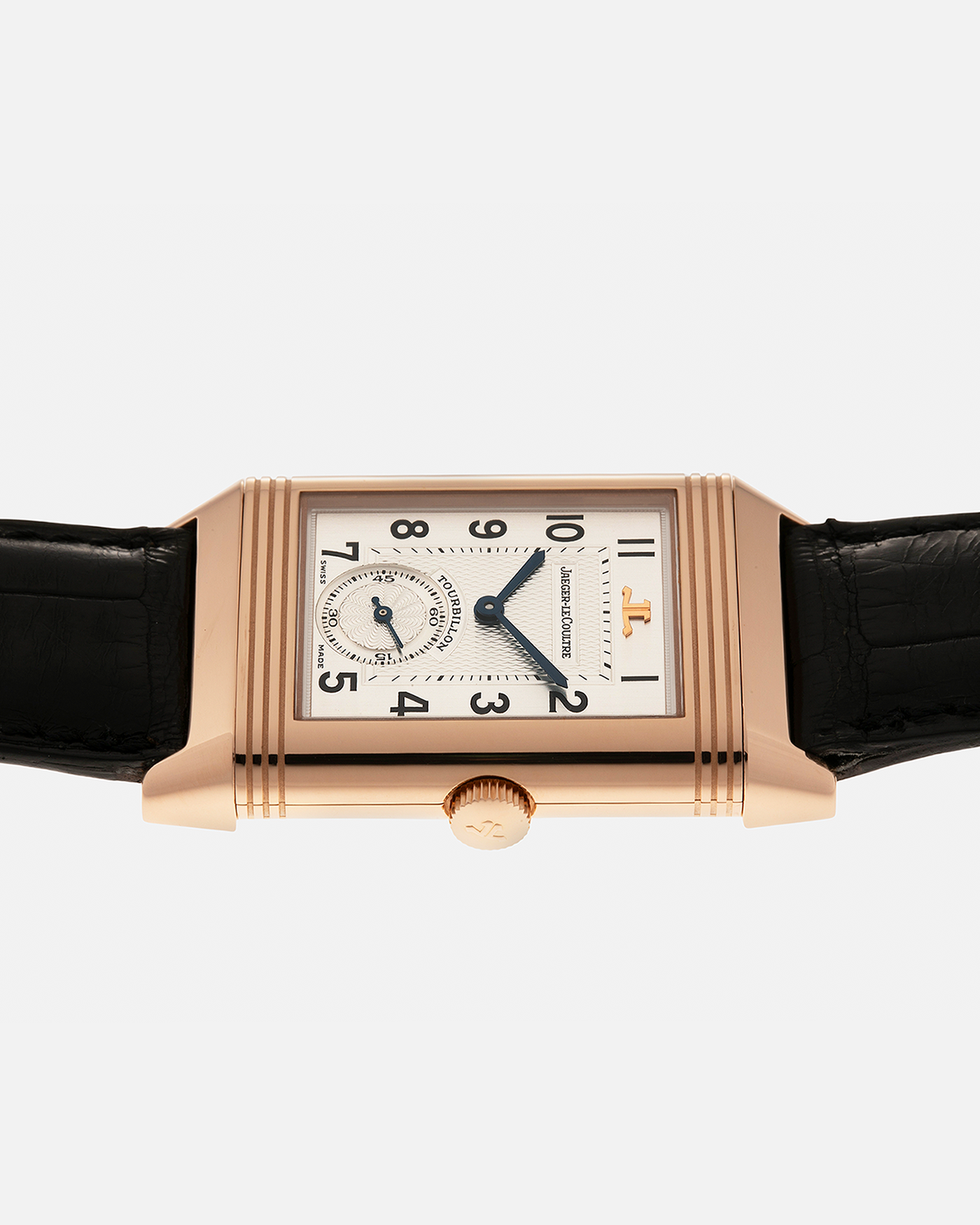 Brand: Jaeger LeCoultre
Year: 1990s
Model: Reverso Tourbillon, Limited to 500 pieces
Reference: 270.2.68
Material: 18-carat Rose Gold
Movement: Jaeger LeCoultre Cal. 828, Manual-Winding
Case Dimensions: 42mm (Including Lugs) x 26mm x 10mm
Lug Width: 19mm
Strap: Jaeger LeCoultre Black Alligator Leather Strap with Signed 18-carat Rose Gold Deployant Clasp