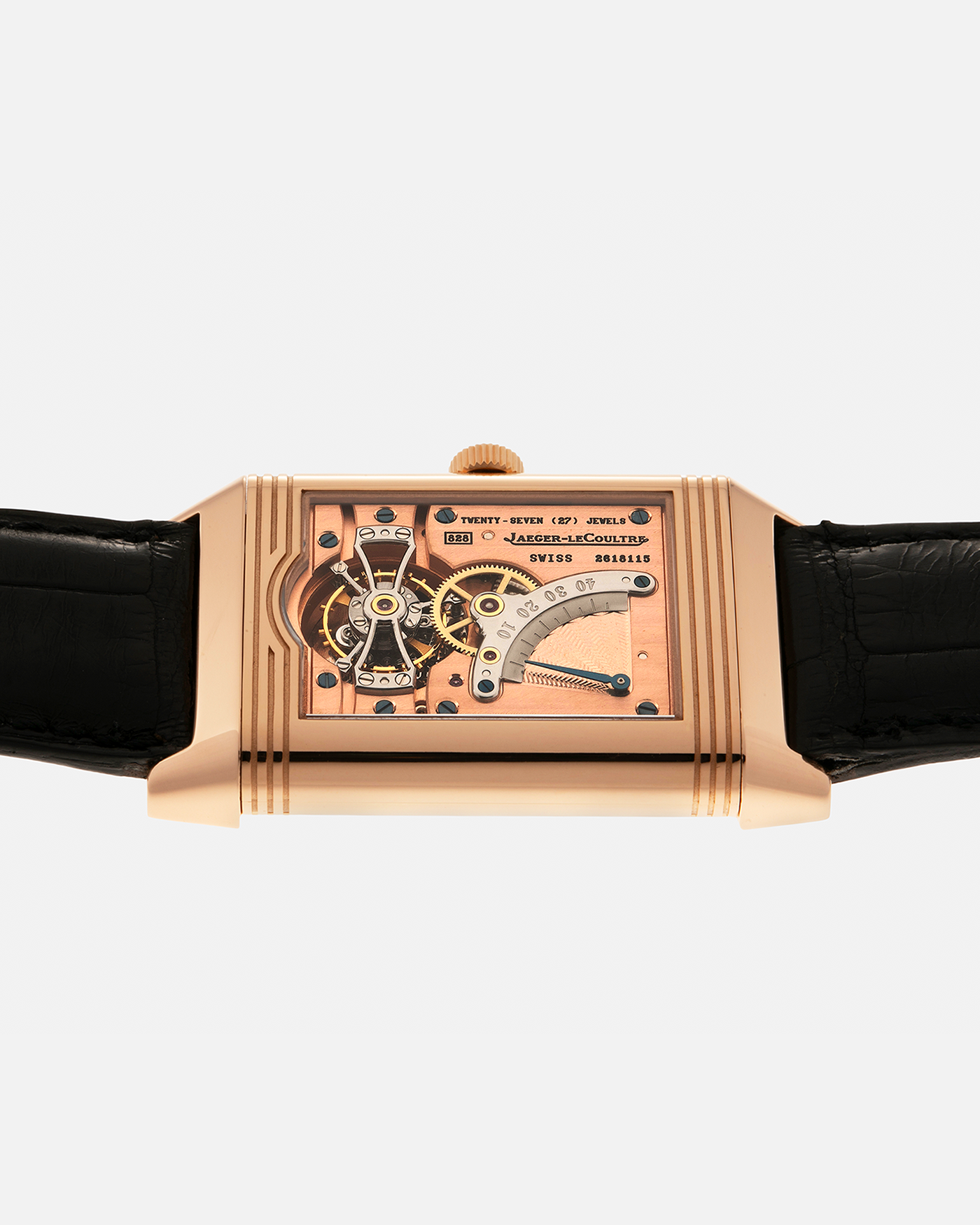 Brand: Jaeger LeCoultre
Year: 1990s
Model: Reverso Tourbillon, Limited to 500 pieces
Reference: 270.2.68
Material: 18-carat Rose Gold
Movement: Jaeger LeCoultre Cal. 828, Manual-Winding
Case Dimensions: 42mm (Including Lugs) x 26mm x 10mm
Lug Width: 19mm
Strap: Jaeger LeCoultre Black Alligator Leather Strap with Signed 18-carat Rose Gold Deployant Clasp