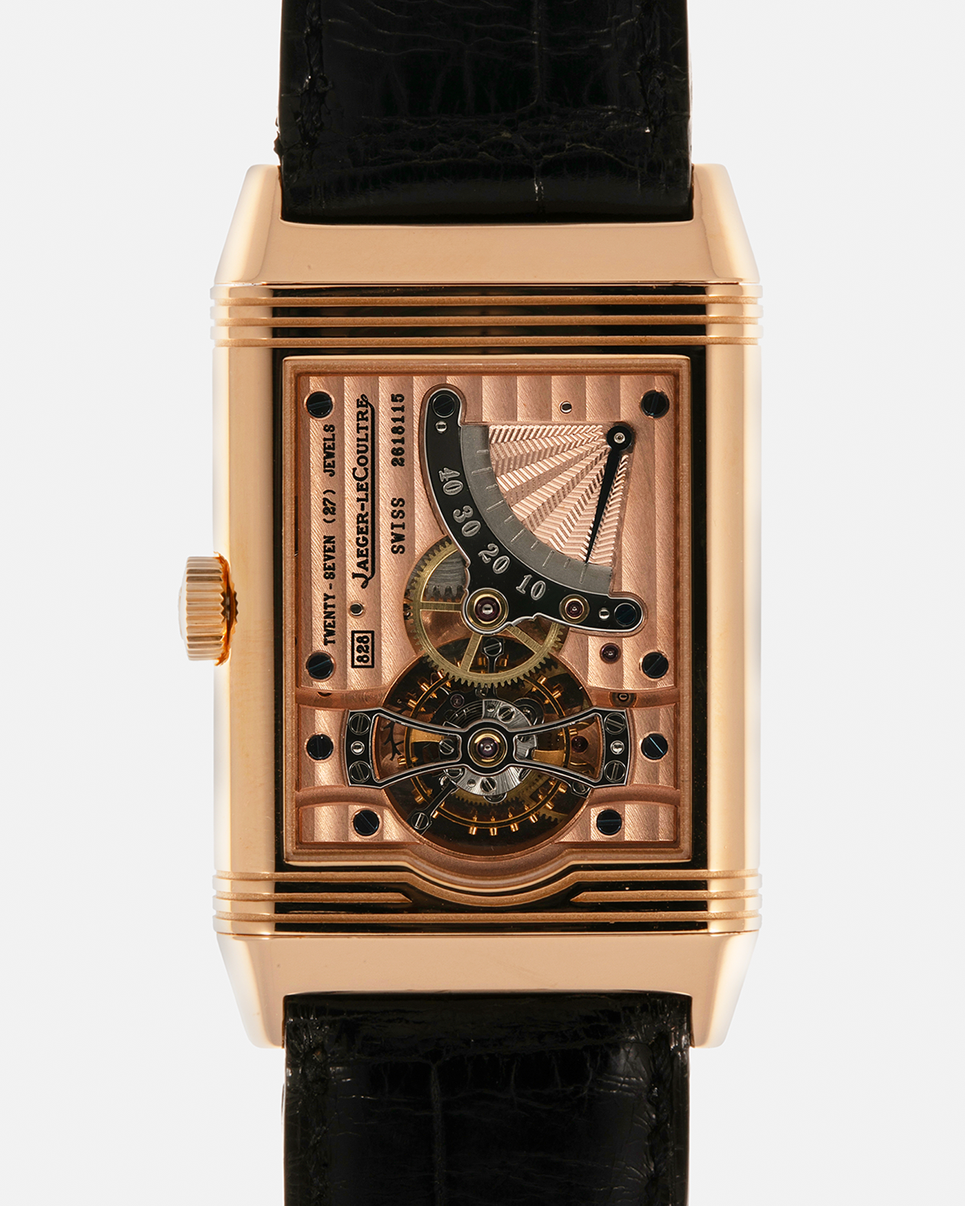 Brand: Jaeger LeCoultre
Year: 1990s
Model: Reverso Tourbillon, Limited to 500 pieces
Reference: 270.2.68
Material: 18-carat Rose Gold
Movement: Jaeger LeCoultre Cal. 828, Manual-Winding
Case Dimensions: 42mm (Including Lugs) x 26mm x 10mm
Lug Width: 19mm
Strap: Jaeger LeCoultre Black Alligator Leather Strap with Signed 18-carat Rose Gold Deployant Clasp