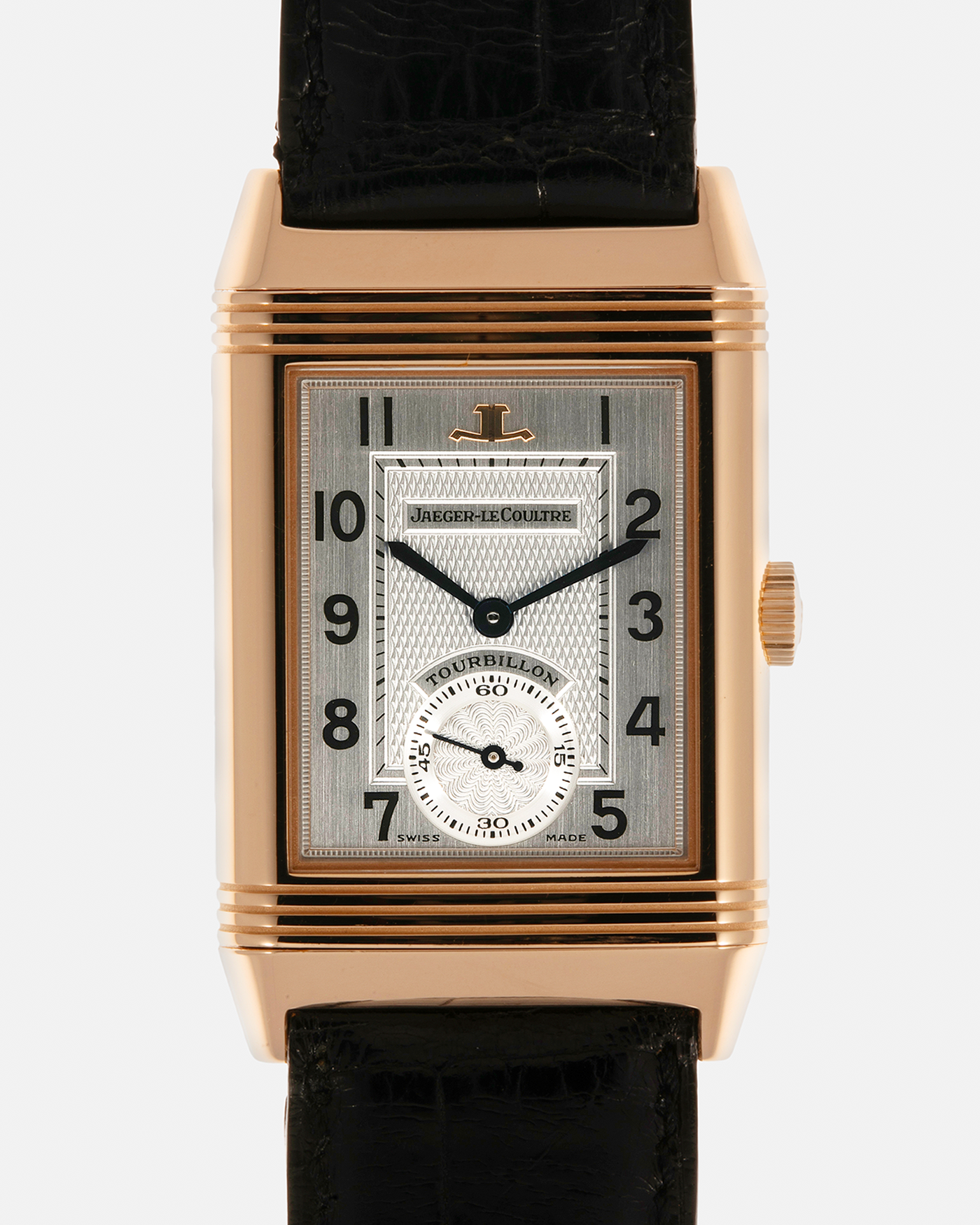 Brand: Jaeger LeCoultre
Year: 1990s
Model: Reverso Tourbillon, Limited to 500 pieces
Reference: 270.2.68
Material: 18-carat Rose Gold
Movement: Jaeger LeCoultre Cal. 828, Manual-Winding
Case Dimensions: 42mm (Including Lugs) x 26mm x 10mm
Lug Width: 19mm
Strap: Jaeger LeCoultre Black Alligator Leather Strap with Signed 18-carat Rose Gold Deployant Clasp