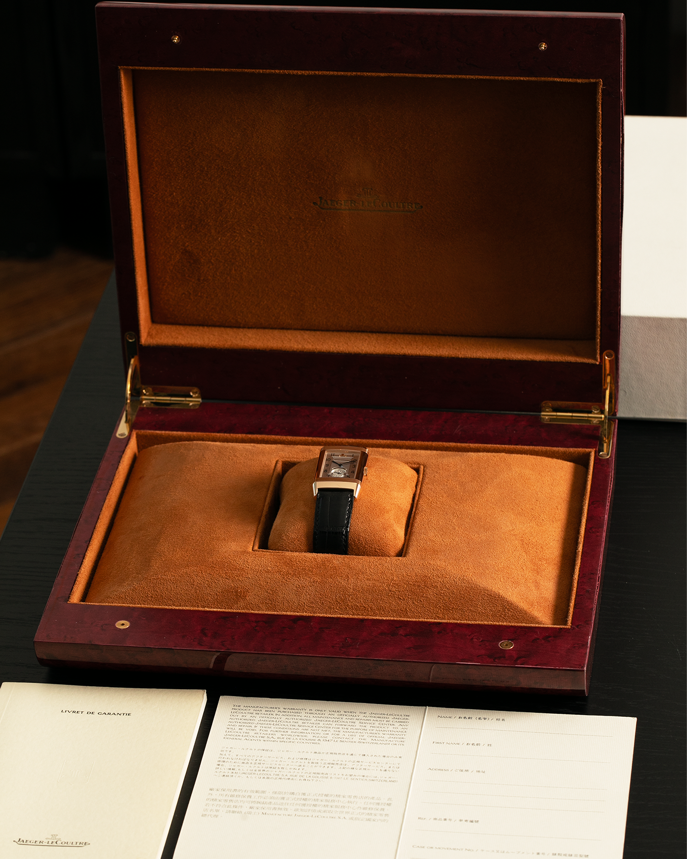 Brand: Jaeger LeCoultre
Year: 1990s
Model: Reverso Tourbillon, Limited to 500 pieces
Reference: 270.2.68
Material: 18-carat Rose Gold
Movement: Jaeger LeCoultre Cal. 828, Manual-Winding
Case Dimensions: 42mm (Including Lugs) x 26mm x 10mm
Lug Width: 19mm
Strap: Jaeger LeCoultre Black Alligator Leather Strap with Signed 18-carat Rose Gold Deployant Clasp