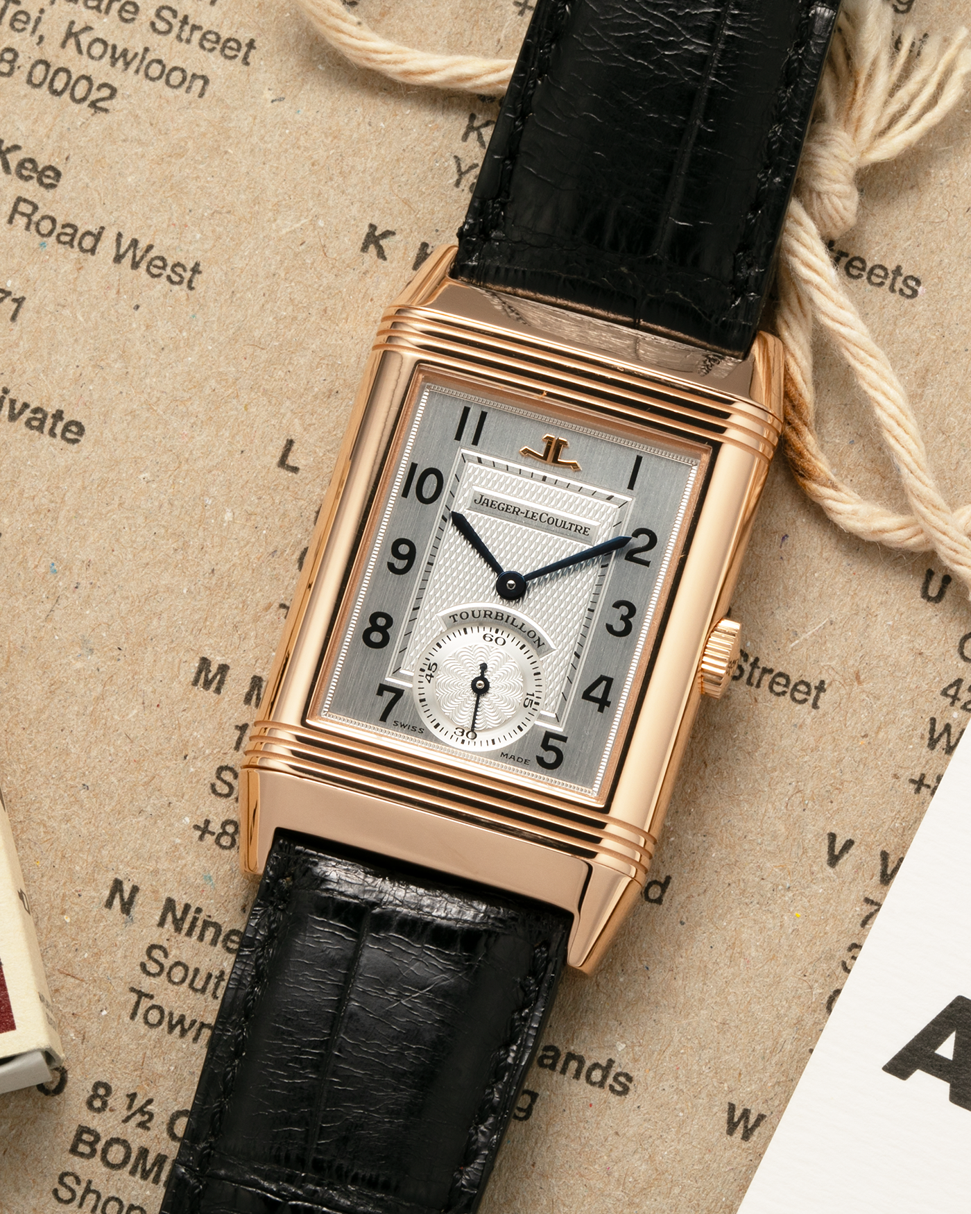 Brand: Jaeger LeCoultre
Year: 1990s
Model: Reverso Tourbillon, Limited to 500 pieces
Reference: 270.2.68
Material: 18-carat Rose Gold
Movement: Jaeger LeCoultre Cal. 828, Manual-Winding
Case Dimensions: 42mm (Including Lugs) x 26mm x 10mm
Lug Width: 19mm
Strap: Jaeger LeCoultre Black Alligator Leather Strap with Signed 18-carat Rose Gold Deployant Clasp