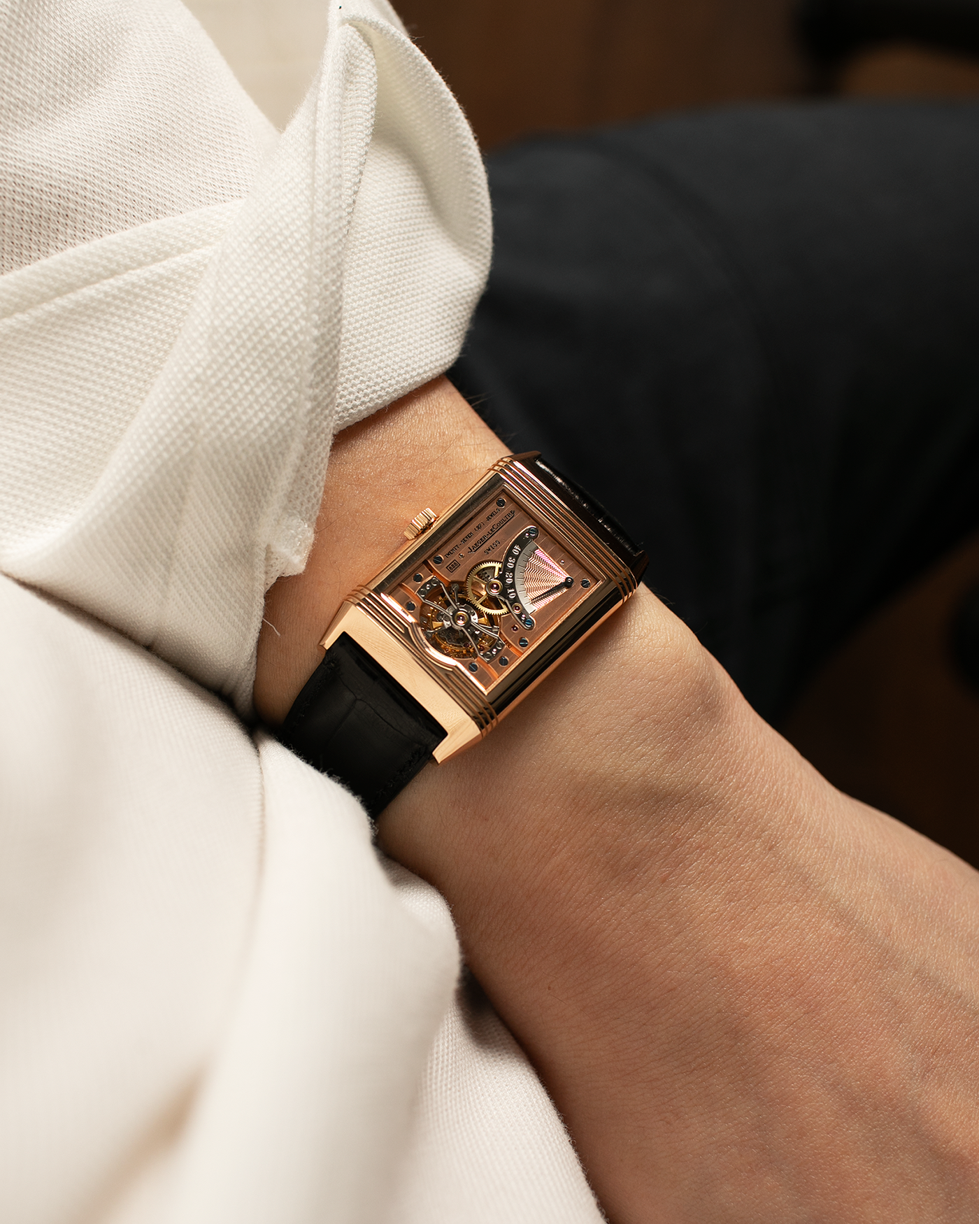 Brand: Jaeger LeCoultre
Year: 1990s
Model: Reverso Tourbillon, Limited to 500 pieces
Reference: 270.2.68
Material: 18-carat Rose Gold
Movement: Jaeger LeCoultre Cal. 828, Manual-Winding
Case Dimensions: 42mm (Including Lugs) x 26mm x 10mm
Lug Width: 19mm
Strap: Jaeger LeCoultre Black Alligator Leather Strap with Signed 18-carat Rose Gold Deployant Clasp