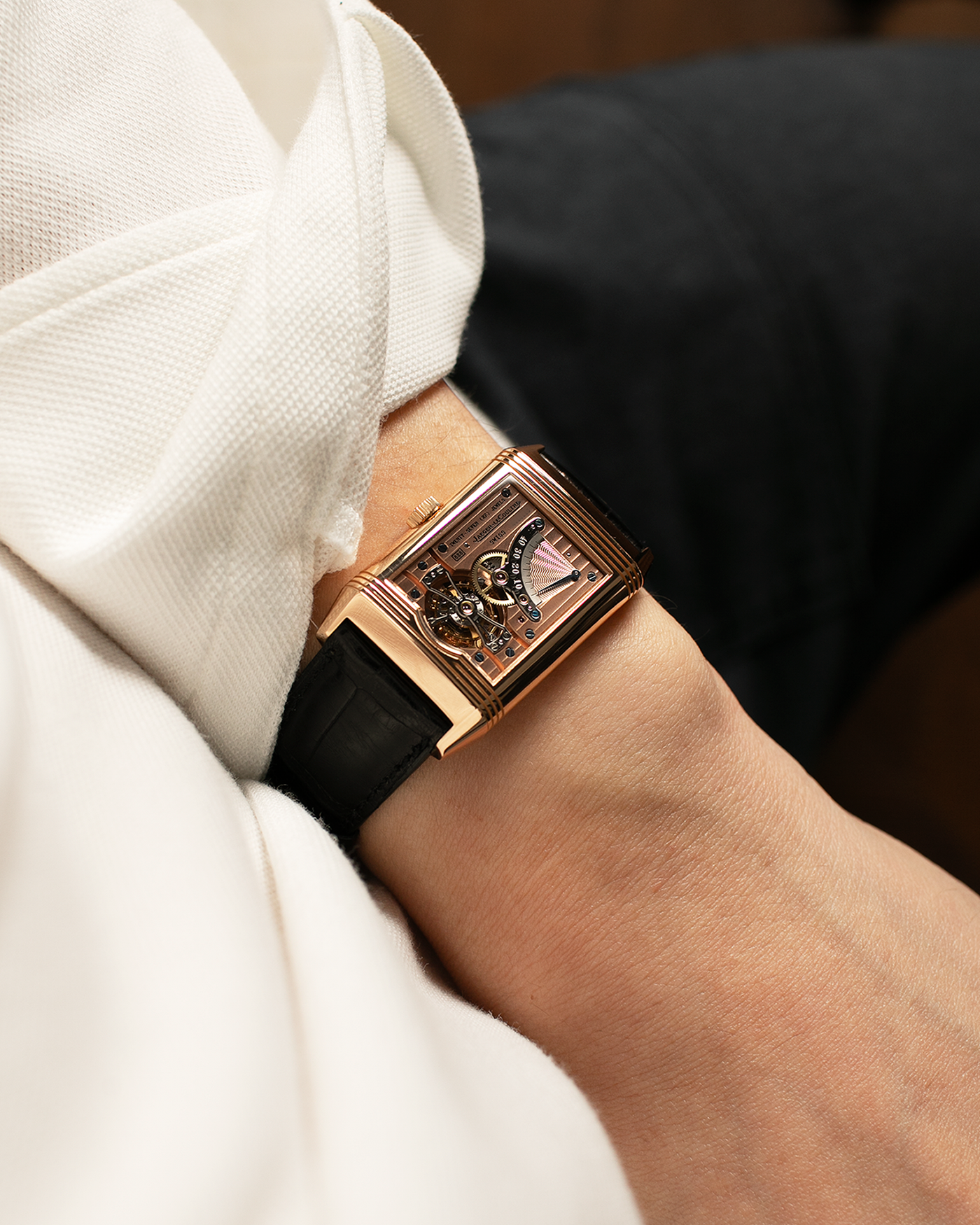 Brand: Jaeger LeCoultre
Year: 1990s
Model: Reverso Tourbillon, Limited to 500 pieces
Reference: 270.2.68
Material: 18-carat Rose Gold
Movement: Jaeger LeCoultre Cal. 828, Manual-Winding
Case Dimensions: 42mm (Including Lugs) x 26mm x 10mm
Lug Width: 19mm
Strap: Jaeger LeCoultre Black Alligator Leather Strap with Signed 18-carat Rose Gold Deployant Clasp