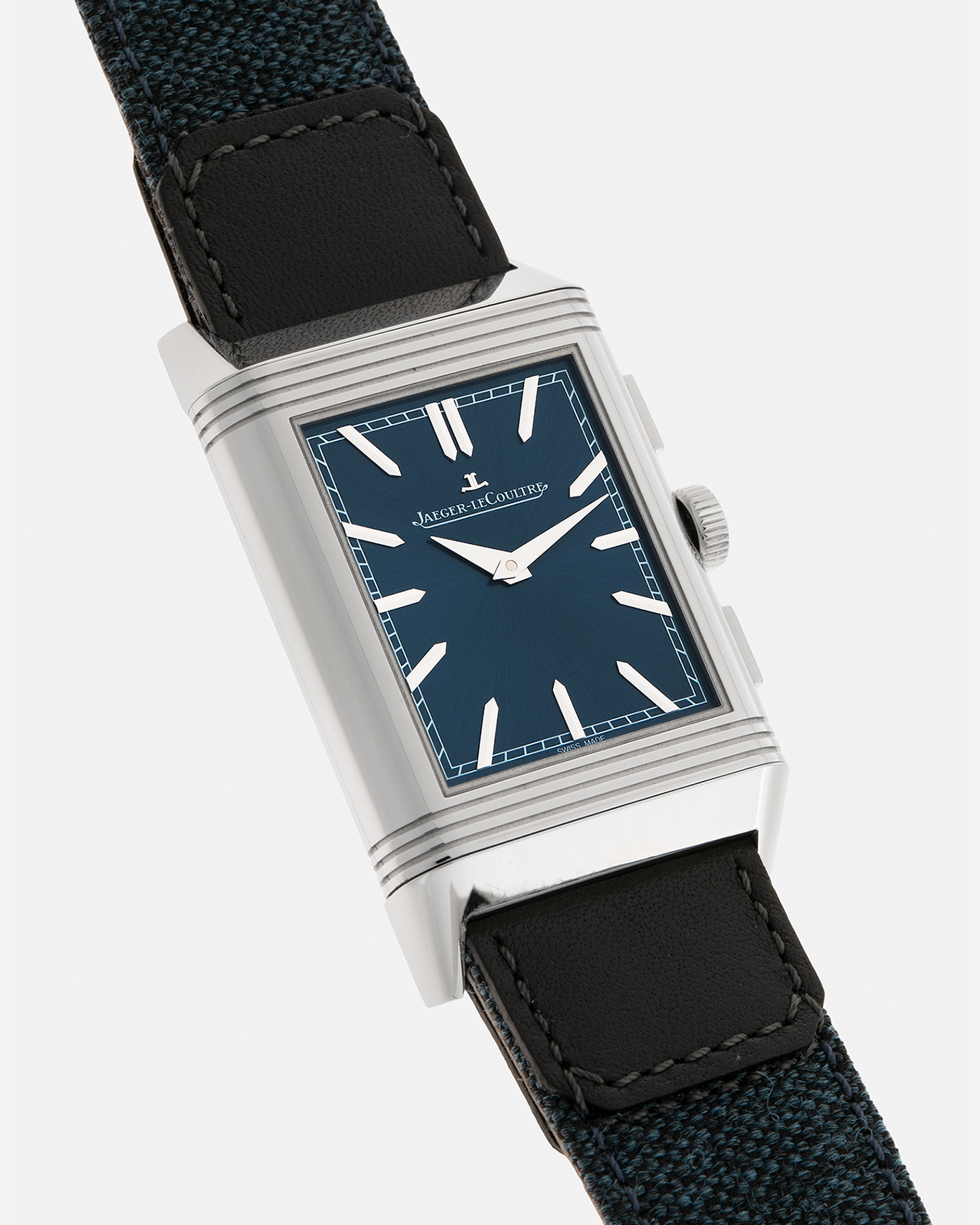 Brand: Jaeger LeCoultre
Year: 2024
Model: Q389848J, Reverso Tribute Chronograph
Reference Number: 216.8.S0
Material: Stainless Steel
Movement: Jaeger LeCoultre Cal. 860, Manual-Winding
Case Diameter:  49.9mm (Including Lugs) x 29.9mm x 11.14mm
Lug Width: 20mm
Straps: Jaeger LeCoultre Casa Fagliano Calf Leather Strap with Signed Stainless Steel Deployant Clasp, with extra  Jaeger LeCoultre Blue Canvas Strap