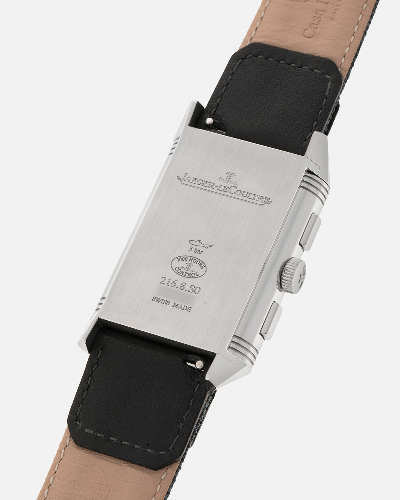 Brand: Jaeger LeCoultre
Year: 2024
Model: Q389848J, Reverso Tribute Chronograph
Reference Number: 216.8.S0
Material: Stainless Steel
Movement: Jaeger LeCoultre Cal. 860, Manual-Winding
Case Diameter:  49.9mm (Including Lugs) x 29.9mm x 11.14mm
Lug Width: 20mm
Straps: Jaeger LeCoultre Casa Fagliano Calf Leather Strap with Signed Stainless Steel Deployant Clasp, with extra  Jaeger LeCoultre Blue Canvas Strap