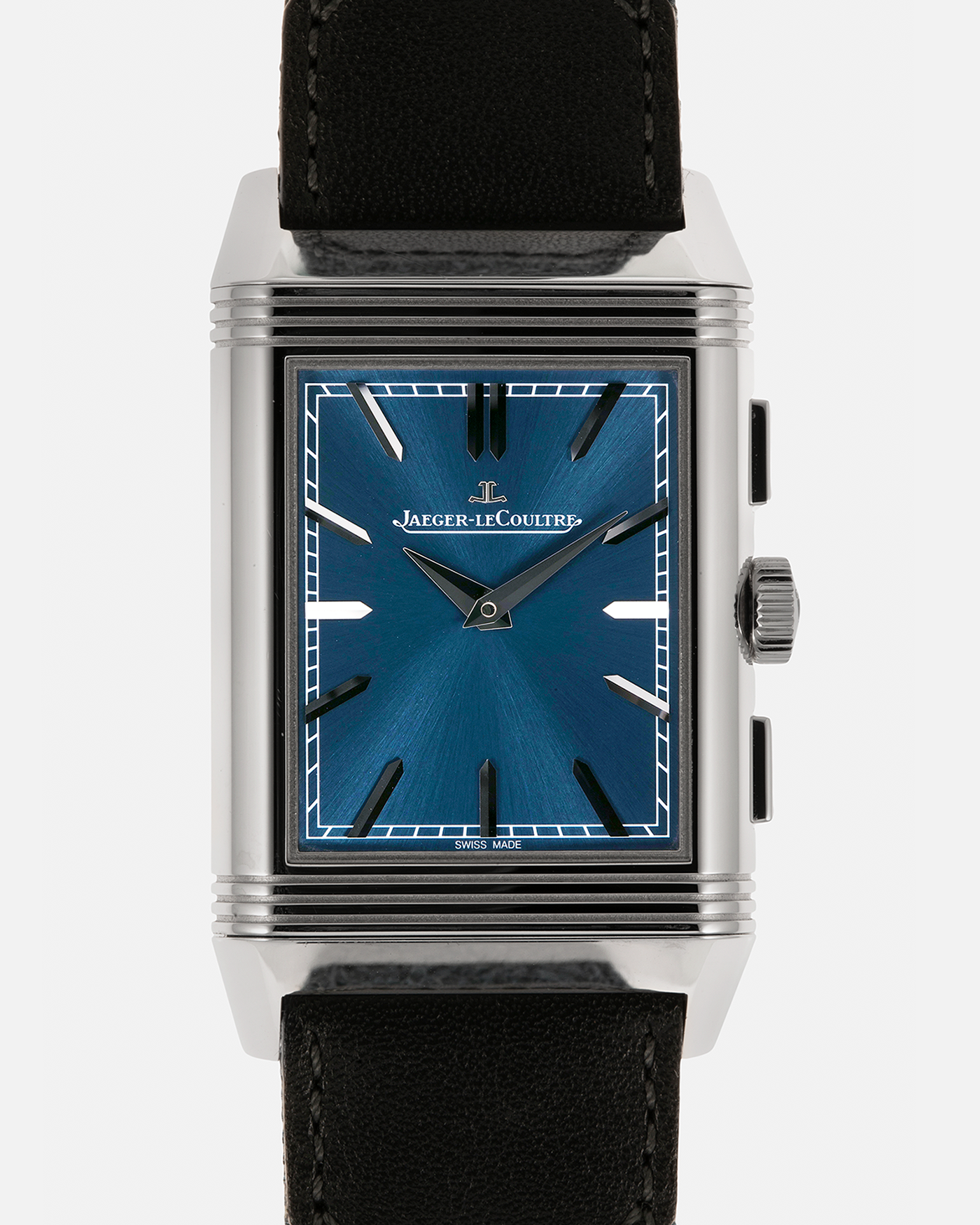 Brand: Jaeger LeCoultre
Year: 2024
Model: Q389848J, Reverso Tribute Chronograph
Reference Number: 216.8.S0
Material: Stainless Steel
Movement: Jaeger LeCoultre Cal. 860, Manual-Winding
Case Diameter:  49.9mm (Including Lugs) x 29.9mm x 11.14mm
Lug Width: 20mm
Straps: Jaeger LeCoultre Casa Fagliano Calf Leather Strap with Signed Stainless Steel Deployant Clasp, with extra  Jaeger LeCoultre Blue Canvas Strap