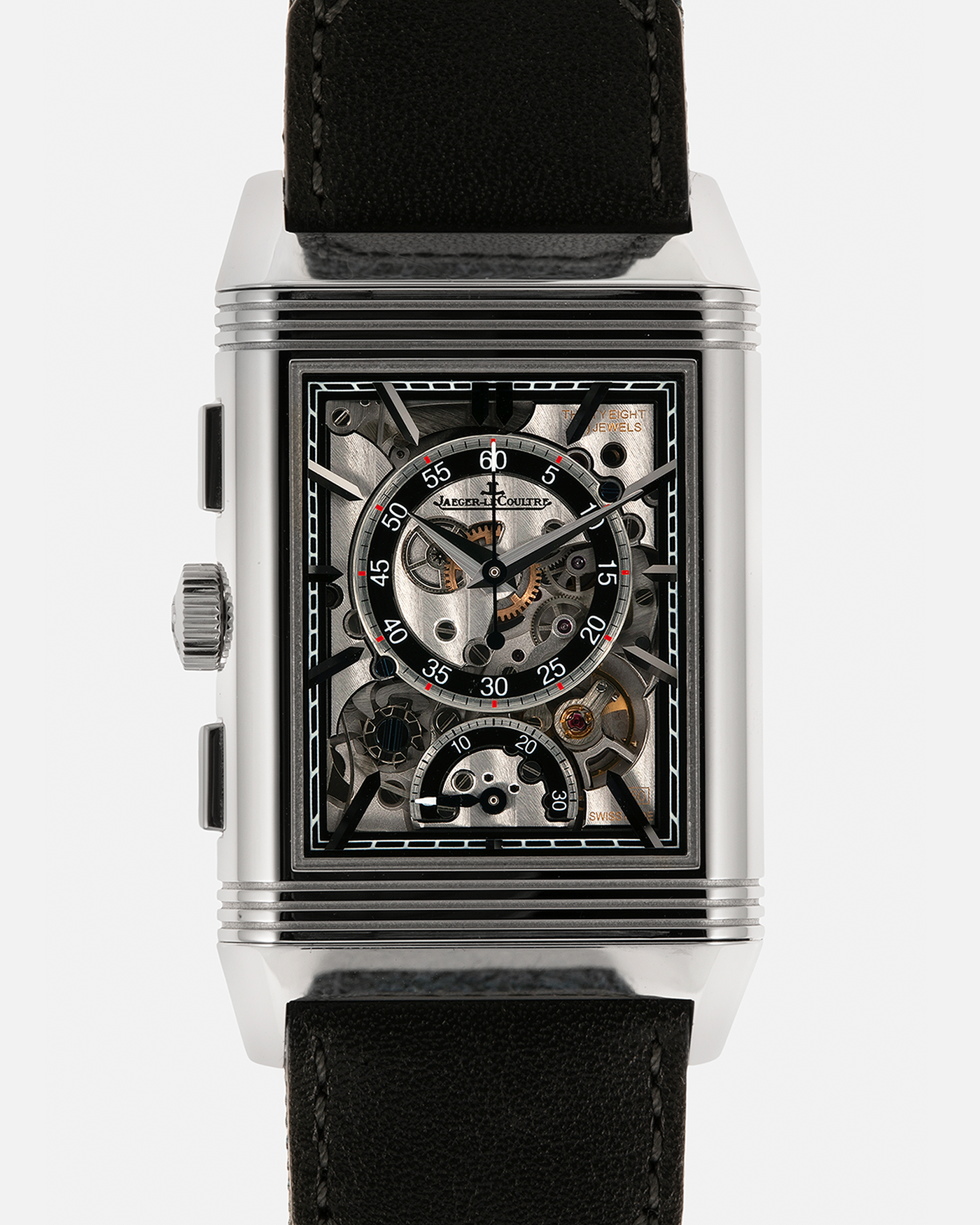 Brand: Jaeger LeCoultre
Year: 2024
Model: Q389848J, Reverso Tribute Chronograph
Reference Number: 216.8.S0
Material: Stainless Steel
Movement: Jaeger LeCoultre Cal. 860, Manual-Winding
Case Diameter:  49.9mm (Including Lugs) x 29.9mm x 11.14mm
Lug Width: 20mm
Straps: Jaeger LeCoultre Casa Fagliano Calf Leather Strap with Signed Stainless Steel Deployant Clasp, with extra  Jaeger LeCoultre Blue Canvas Strap