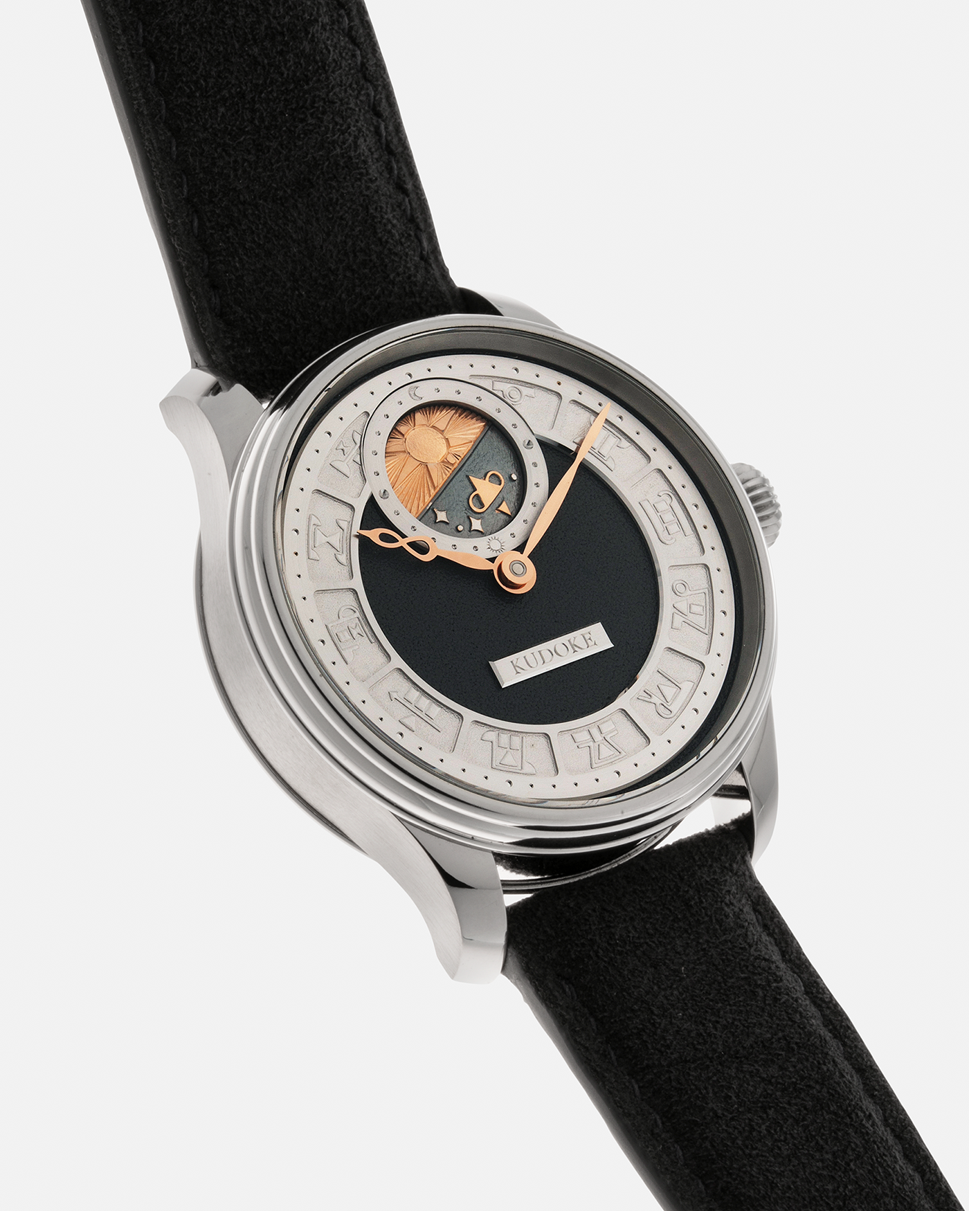 Brand: Kudoke Year: 2021 Model: Kudoke 2 ‘Zodiac’ x SJX, Limited Edition of 21 pieces (Only 12 Full Titanium Examples) Material: Grade 5 Titanium Movement: Kudoke Kaliber 1-24H, Manual-Winding Case Dimensions: 39mm x 10.7mm Lug Width: 20mm Strap: Kudoke Alcantara Grey Strap with Signed Titanium Tang Buckle
