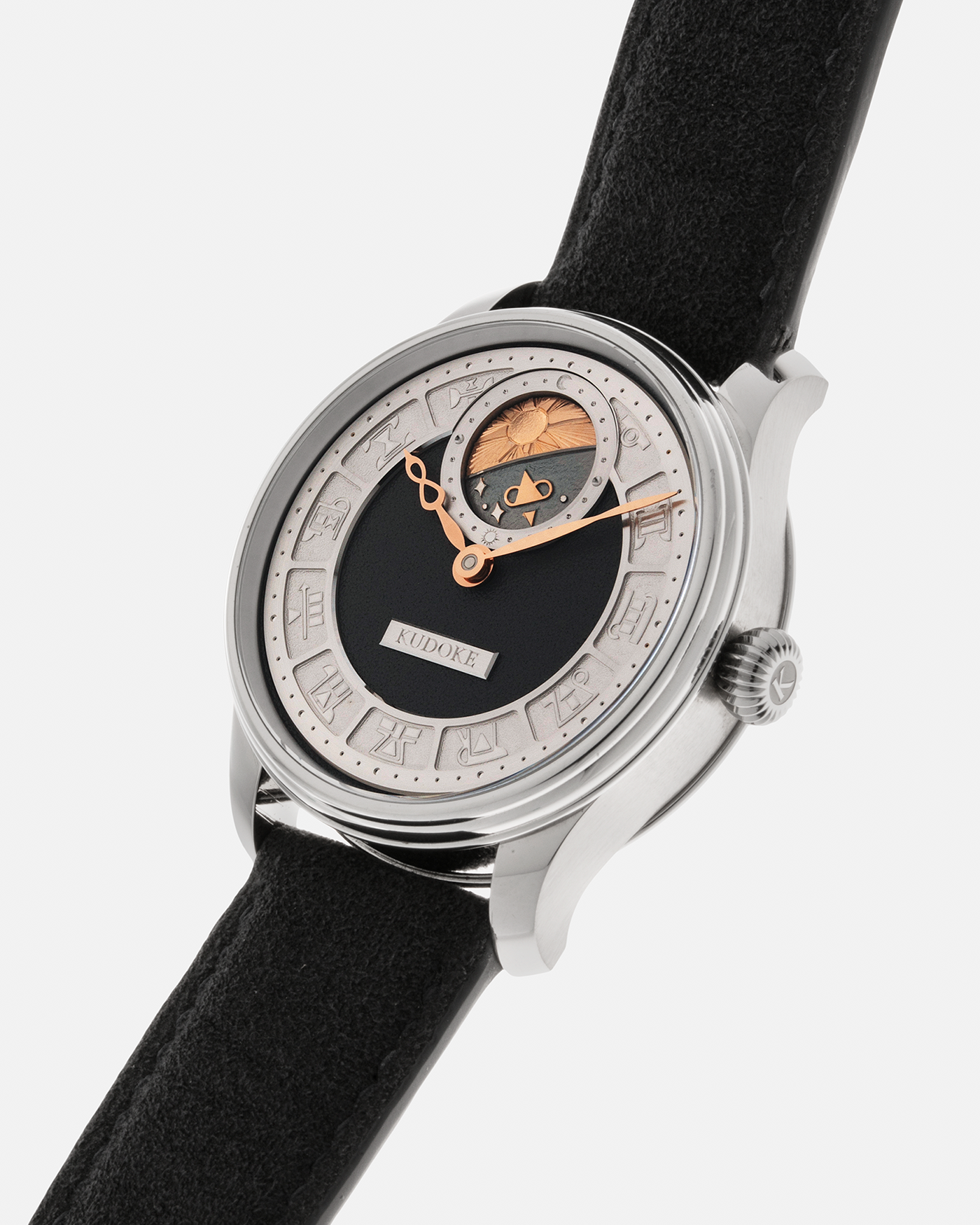 Brand: Kudoke Year: 2021 Model: Kudoke 2 ‘Zodiac’ x SJX, Limited Edition of 21 pieces (Only 12 Full Titanium Examples) Material: Grade 5 Titanium Movement: Kudoke Kaliber 1-24H, Manual-Winding Case Dimensions: 39mm x 10.7mm Lug Width: 20mm Strap: Kudoke Alcantara Grey Strap with Signed Titanium Tang Buckle