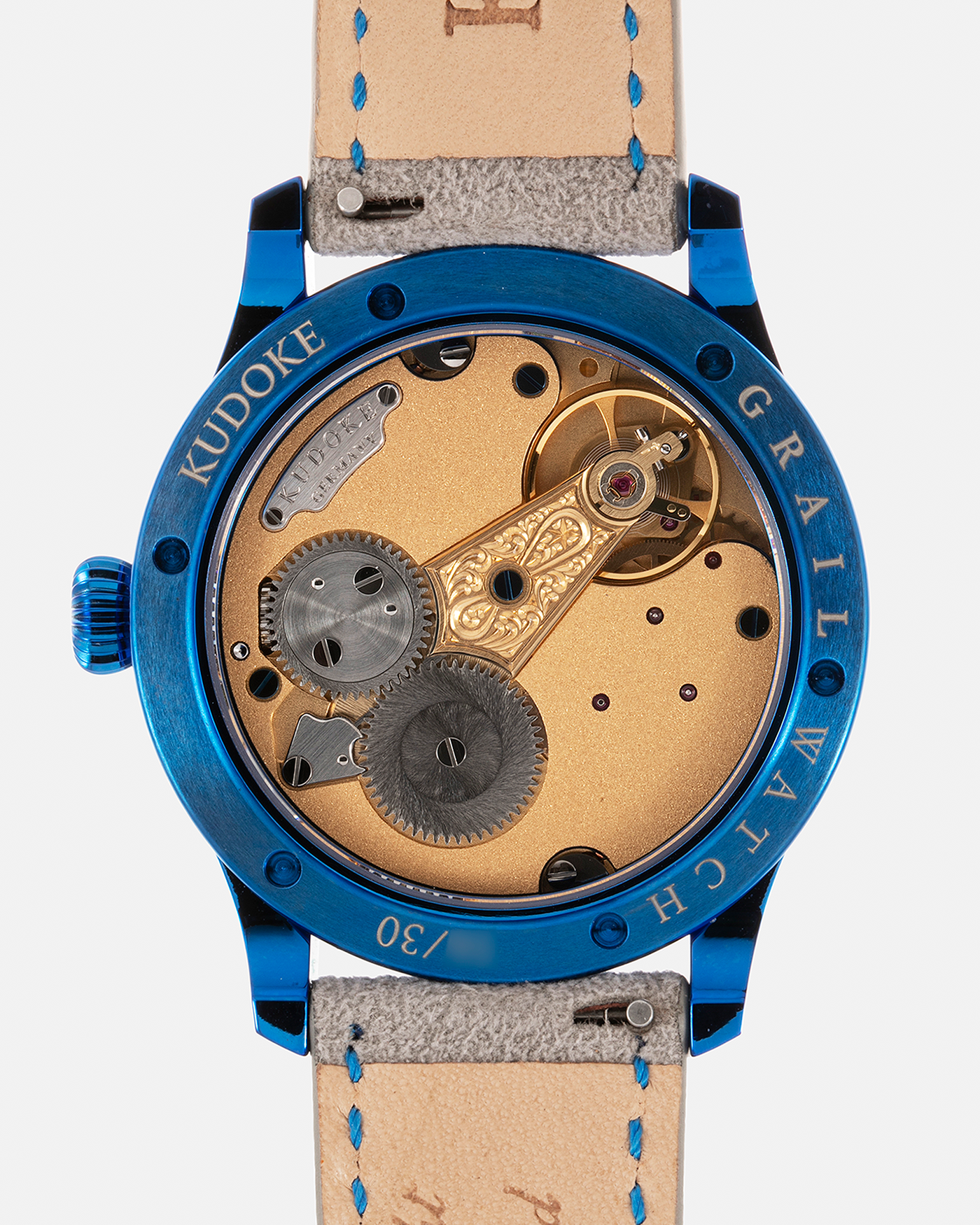 Brand: Kudoke Year: 2022 Model: Kudoke 2 ‘Starry Night’ Grail Watch 8, Limited Edition of 30 pieces Material: Grade 5 Titanium with CVD Blue Finish Movement: In-house Kaliber 1-24H, Manual-Winding Case Diameter: 39mm Strap: Grey Alcantara with Bovine Calf Lining and Blue Stitching with Signed CVD Blue Grade 5 Titanium Tang Buckle, Additional Delugs Navy CTS Rubber Strap, and Delugs Denim Bable Signature Strap