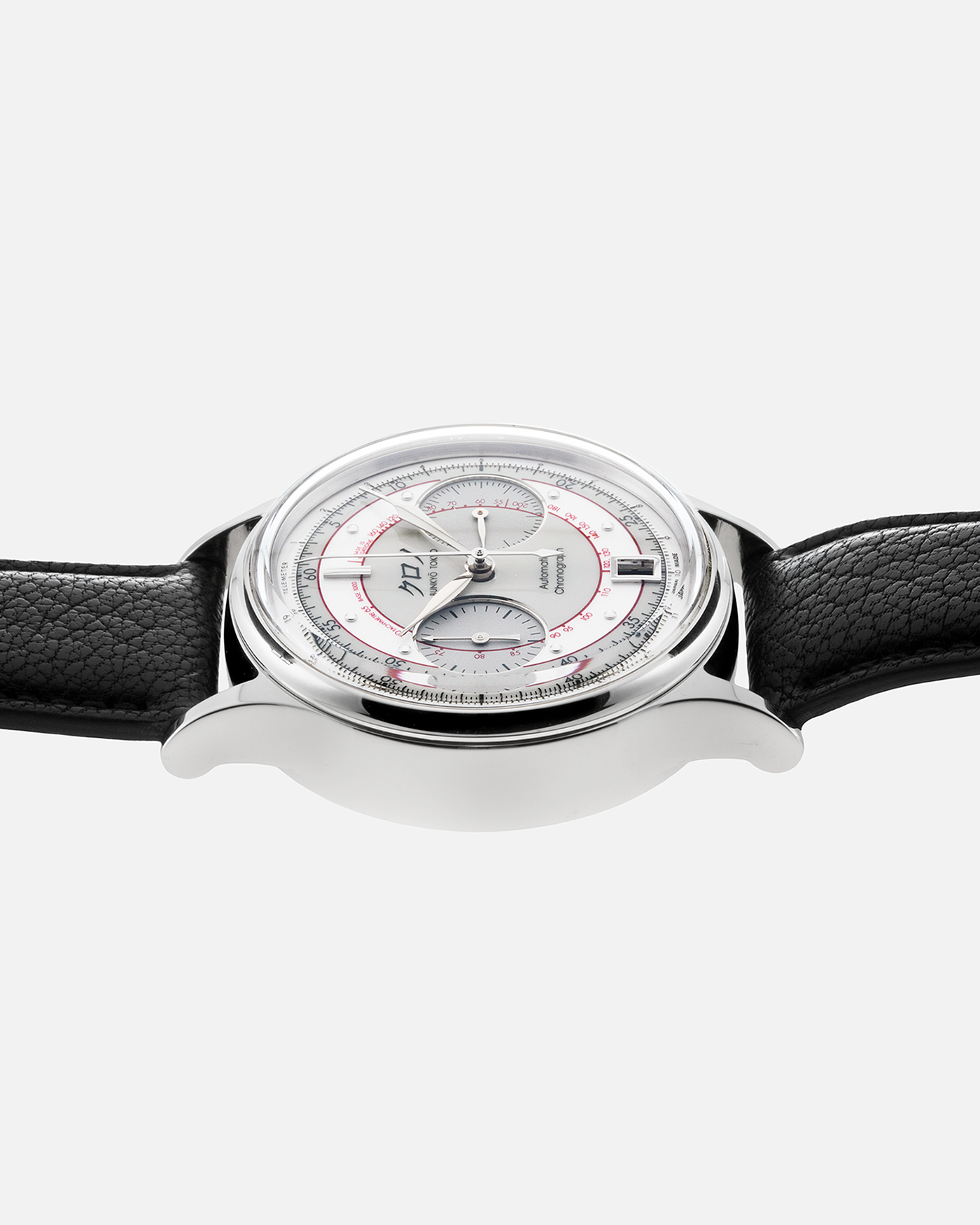 Brand: Kurono Tokyo Year: 2022 Model: Chronograph II “Shiro” Material: 316L Stainless Steel Movement: Seiko Cal. NE86, Self-Winding Case Diameter: 38mm Bracelet/Strap: Black Calf Leather Strap with Stainless Steel Tang Buckle