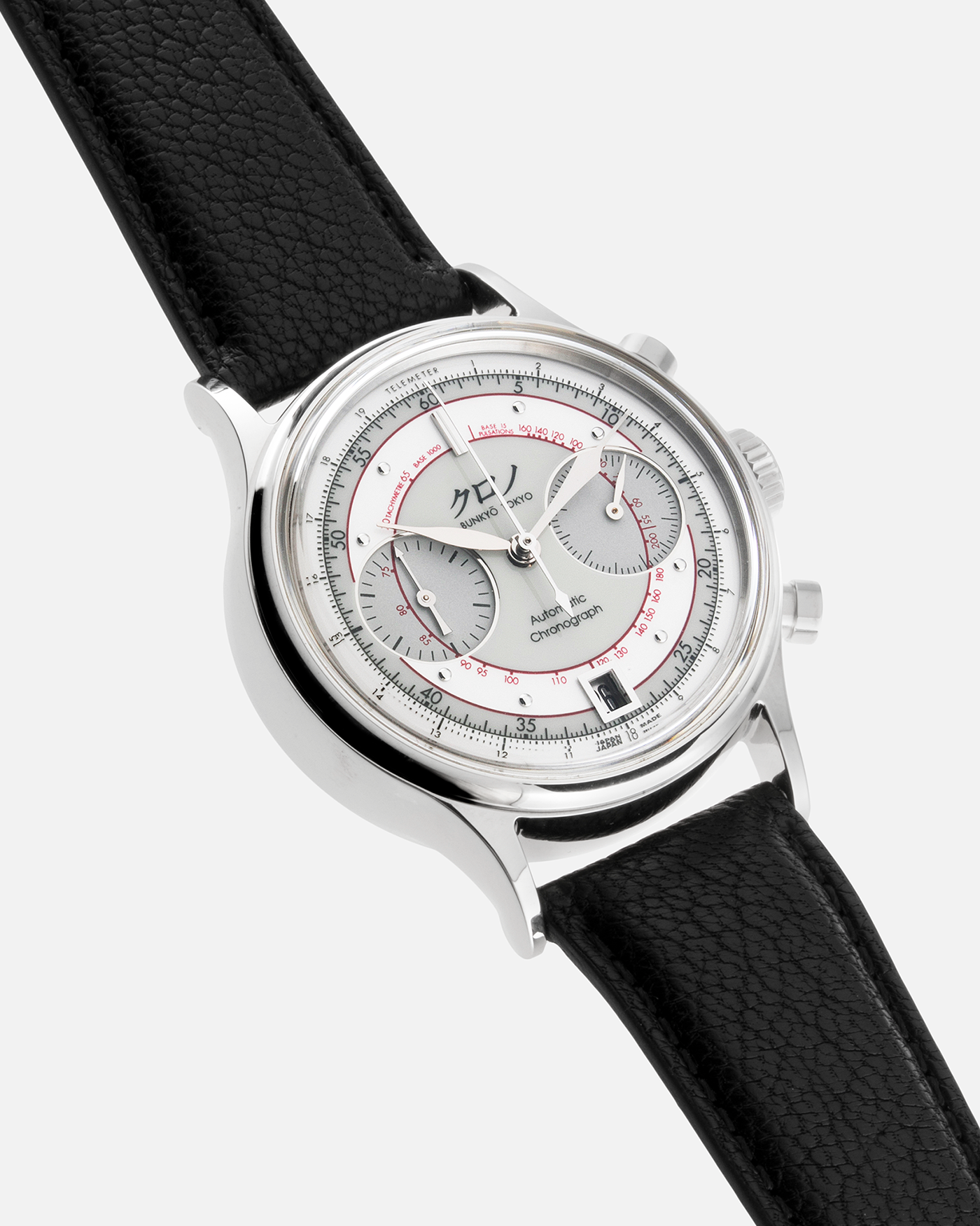 Brand: Kurono Tokyo Year: 2022 Model: Chronograph II “Shiro” Material: 316L Stainless Steel Movement: Seiko Cal. NE86, Self-Winding Case Diameter: 38mm Bracelet/Strap: Black Calf Leather Strap with Stainless Steel Tang Buckle