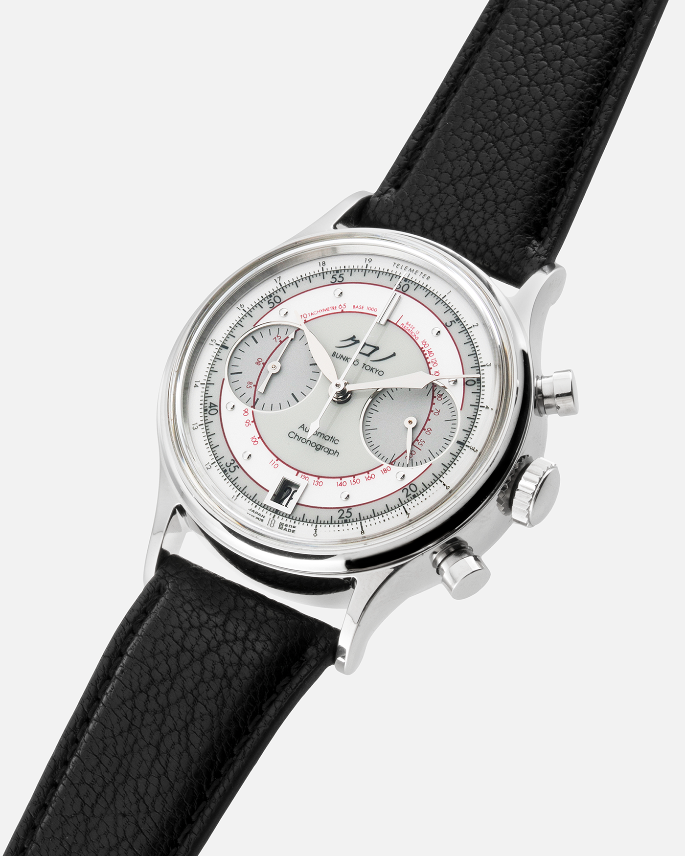 Brand: Kurono Tokyo Year: 2022 Model: Chronograph II “Shiro” Material: 316L Stainless Steel Movement: Seiko Cal. NE86, Self-Winding Case Diameter: 38mm Bracelet/Strap: Black Calf Leather Strap with Stainless Steel Tang Buckle