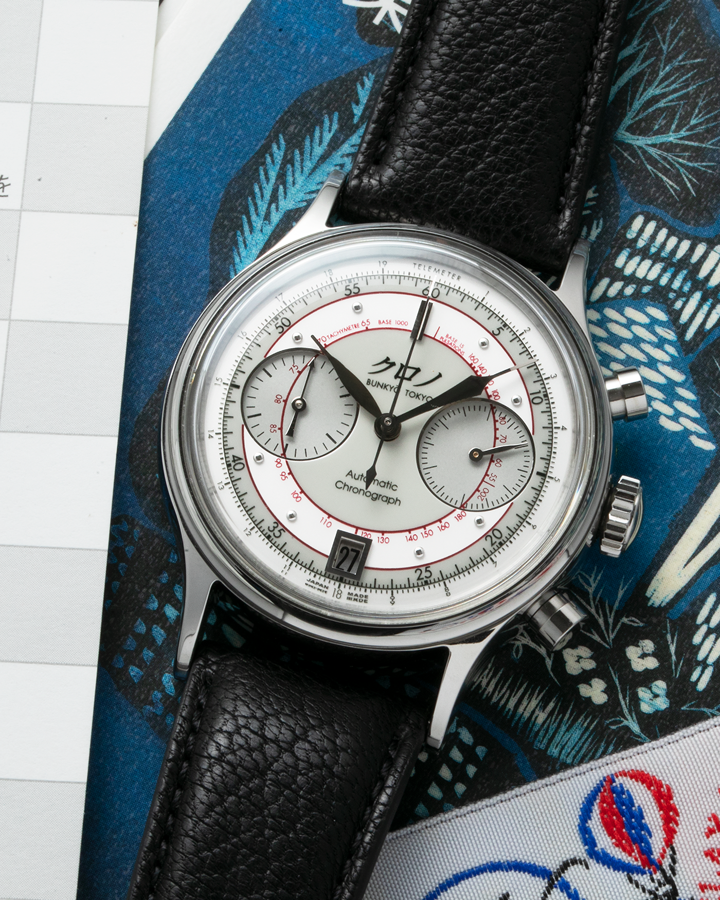 Brand: Kurono Tokyo Year: 2022 Model: Chronograph II “Shiro” Material: 316L Stainless Steel Movement: Seiko Cal. NE86, Self-Winding Case Diameter: 38mm Bracelet/Strap: Black Calf Leather Strap with Stainless Steel Tang Buckle