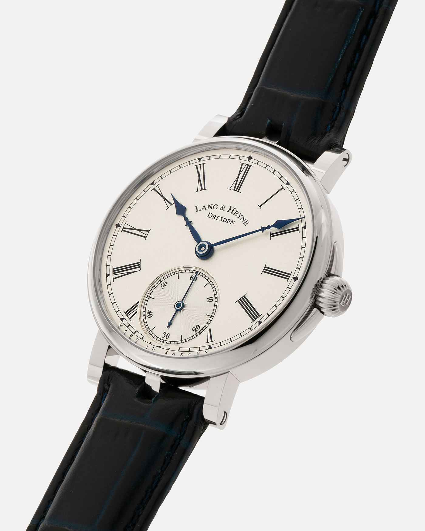 Brand: Lang & Heyne Year: 2023 Model: Friedrich III Material: 18-carat White Gold Movement: Lang & Heyne Cal. IV, Manual-Winding Case Dimensions: 39.2mm x 10.5mm Strap: Lang & Heyne Black Alligator Leather Strap with Signed 18-carat White Gold Tang Buckle