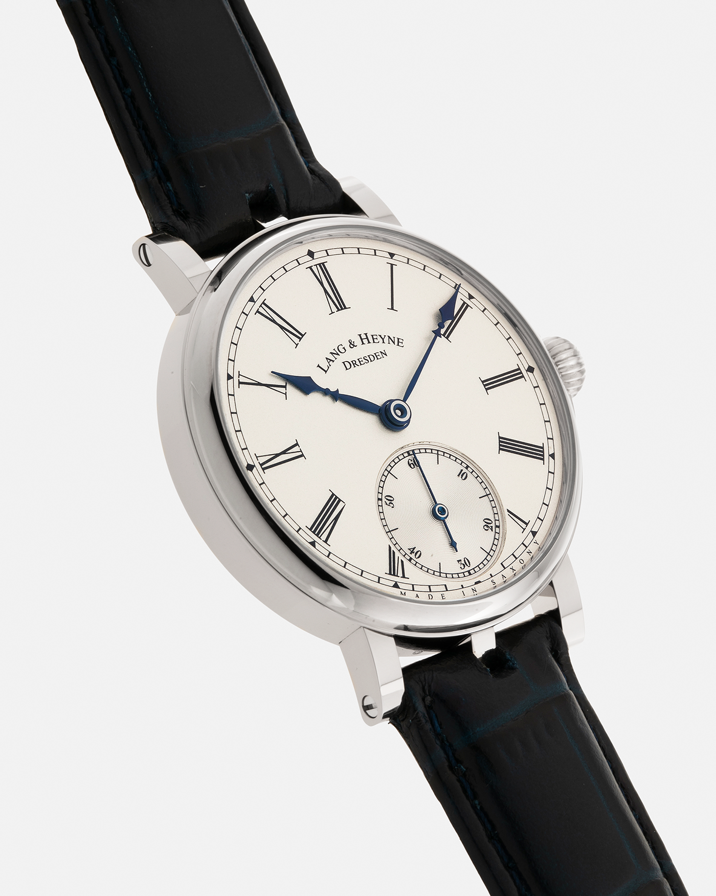 Brand: Lang & Heyne Year: 2023 Model: Friedrich III Material: 18-carat White Gold Movement: Lang & Heyne Cal. IV, Manual-Winding Case Dimensions: 39.2mm x 10.5mm Strap: Lang & Heyne Black Alligator Leather Strap with Signed 18-carat White Gold Tang Buckle