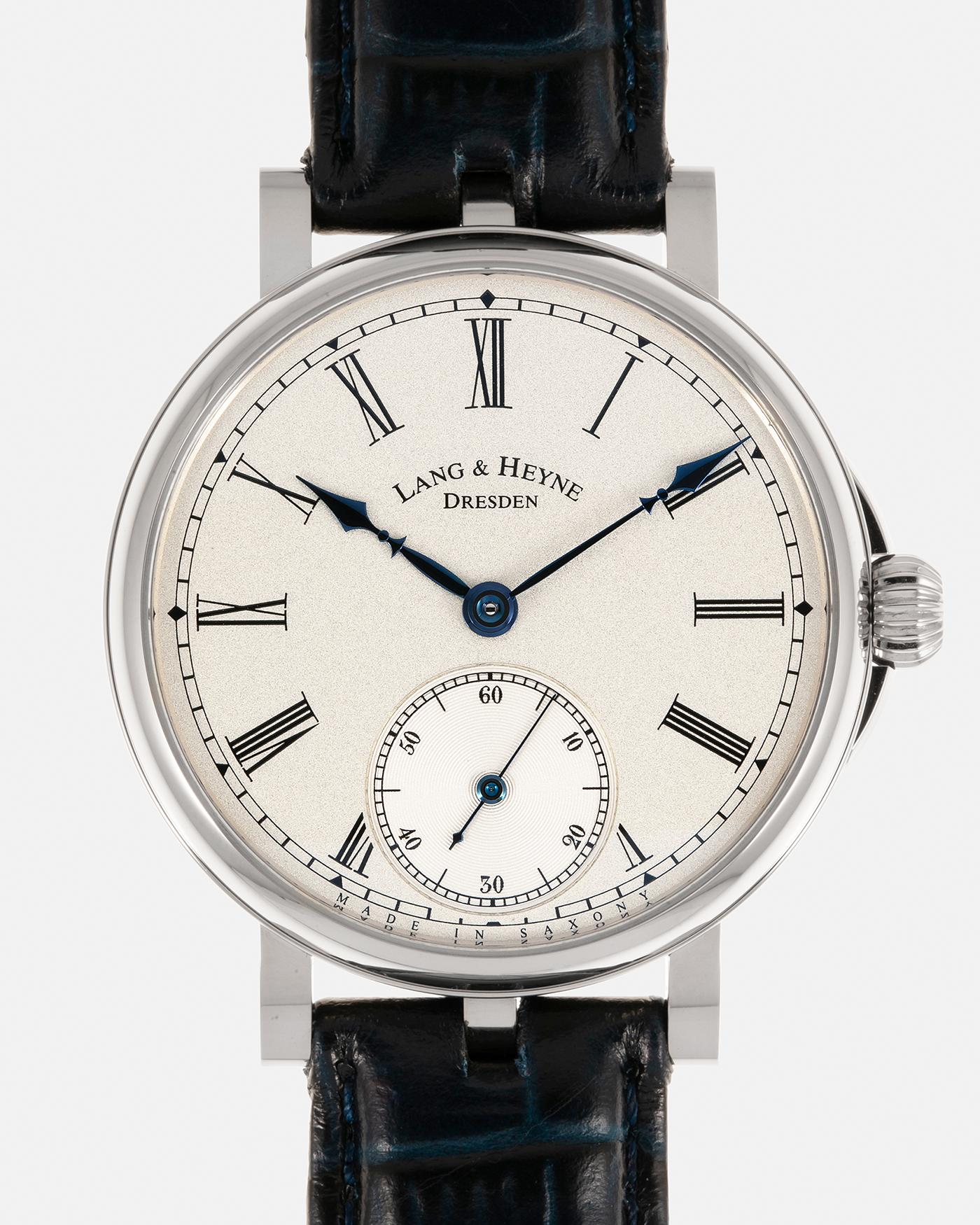 Brand: Lang & Heyne Year: 2023 Model: Friedrich III Material: 18-carat White Gold Movement: Lang & Heyne Cal. IV, Manual-Winding Case Dimensions: 39.2mm x 10.5mm Strap: Lang & Heyne Black Alligator Leather Strap with Signed 18-carat White Gold Tang Buckle