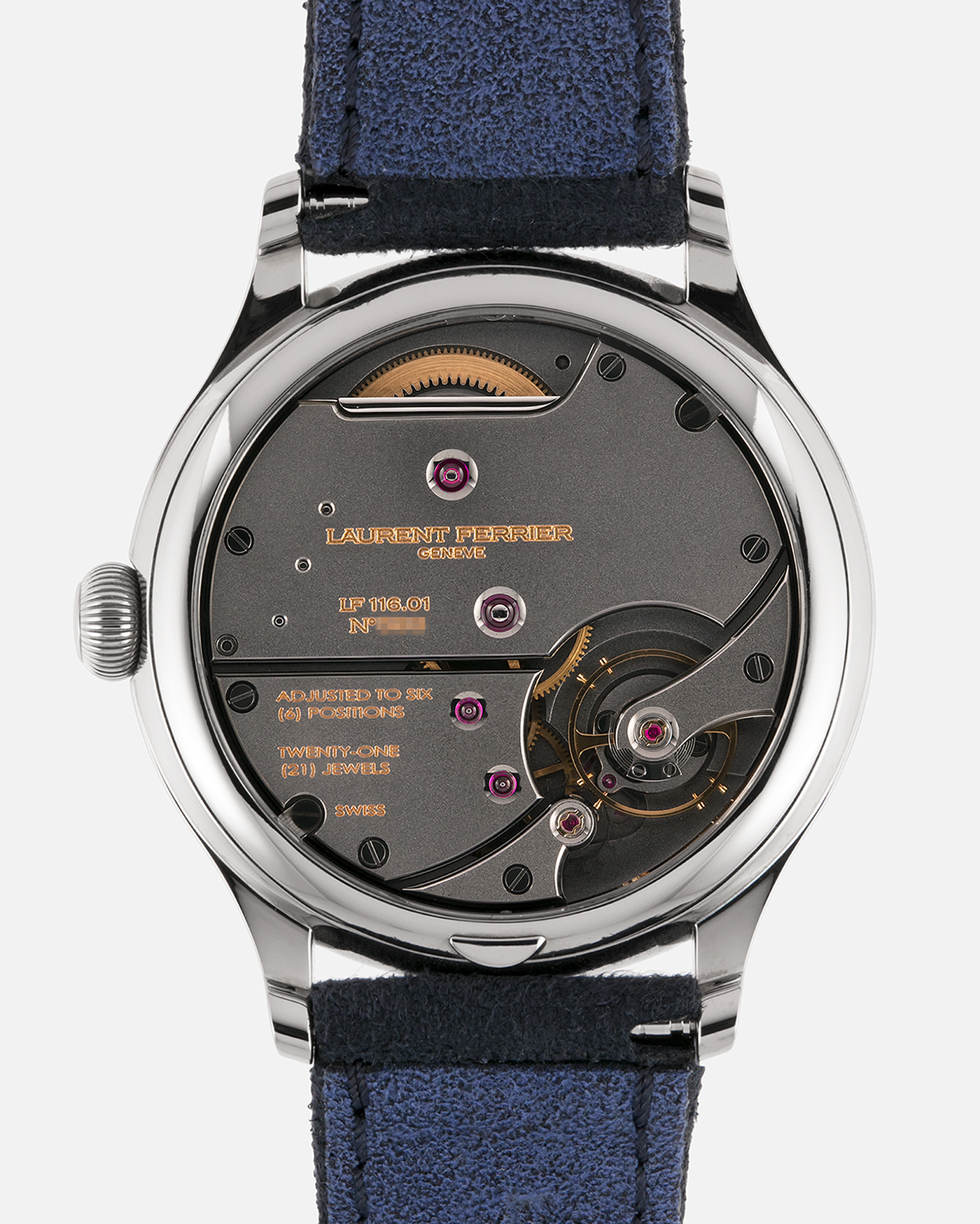Brand: Laurent Ferrier
Year: 2024
Model: Classic Origin
Reference Number: LCF036.T1.CG
Material: Grade 5 Titanium
Movement: Manually Wound Calibre LF116.01
Case Diameter: 40mm Diameter 11.1mm Thickness
Strap: Two Laurent Ferrier Blue Suede Straps with Grade 5 Titanium Laurent Ferrier Tang Buckle