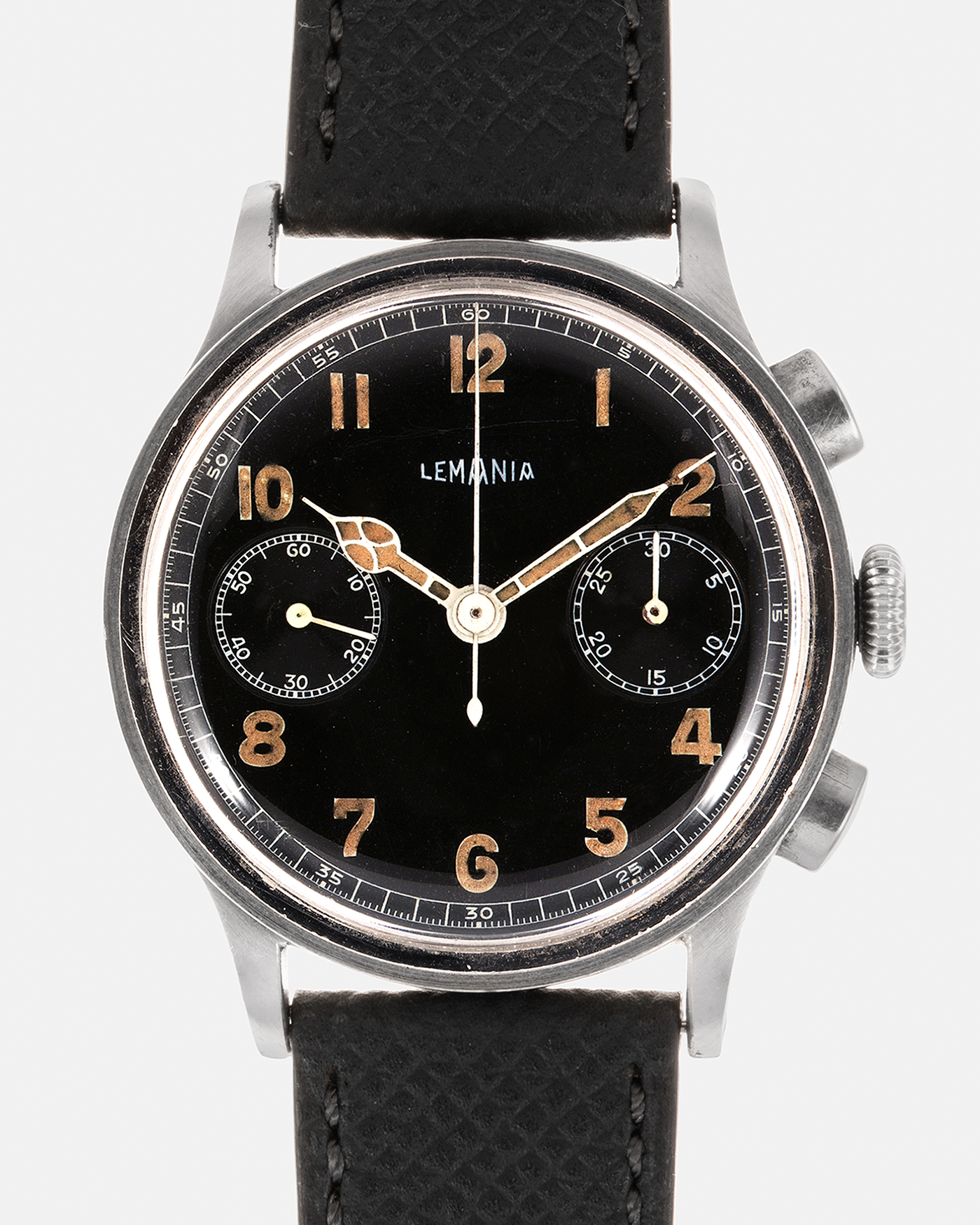 Brand: Lemania Year: 1940’s Model: 15TL Material: Stainless Steel Movement: Lemania Cal. 15TL, Manual-Winding Case Diameter: 38mm Strap: Molequin Anthracite Grey Textured Calf Leather Strap