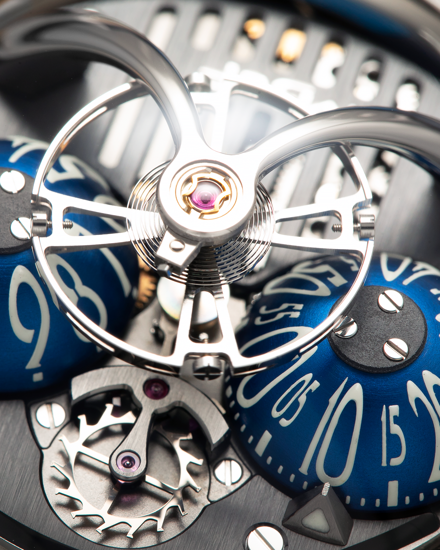Brand: MB&F
Year: 2022
Model: HM10 ‘Bulldog’
Reference: 100.TL.BL
Material: Grade 5 Titanium
Movement: In-House Flying 14mm Balance Wheel with Four Floating Traditional Regulating Screws, Manual-Winding
Case Dimensions: 54mm (Including Lugs) x 45mm (Width) x 24mm (Height)
Strap: MB&F Proprietary Blue Calf Leather Velcro Strap with Signed Titanium Buckle