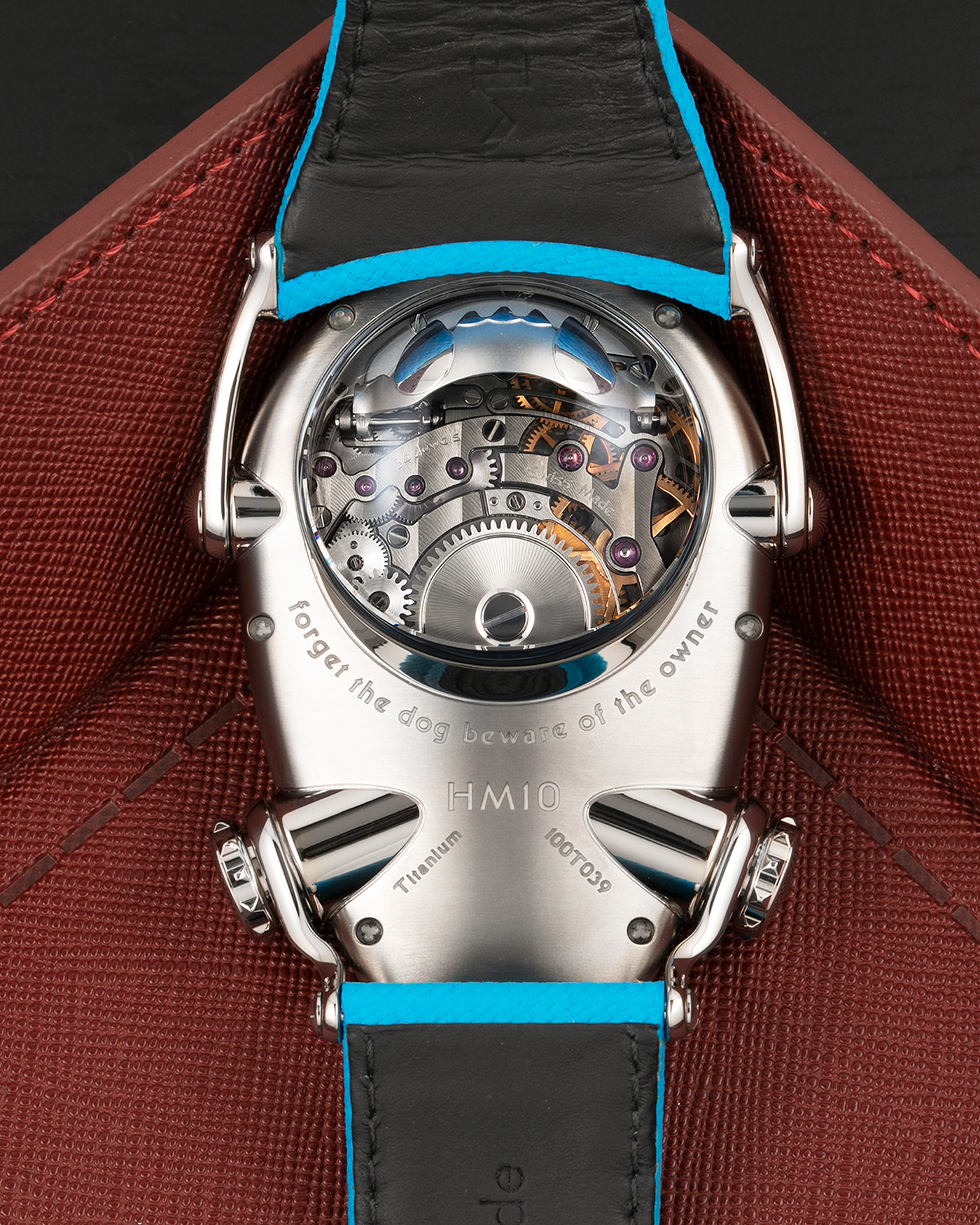Brand: MB&F
Year: 2022
Model: HM10 ‘Bulldog’
Reference: 100.TL.BL
Material: Grade 5 Titanium
Movement: In-House Flying 14mm Balance Wheel with Four Floating Traditional Regulating Screws, Manual-Winding
Case Dimensions: 54mm (Including Lugs) x 45mm (Width) x 24mm (Height)
Strap: MB&F Proprietary Blue Calf Leather Velcro Strap with Signed Titanium Buckle