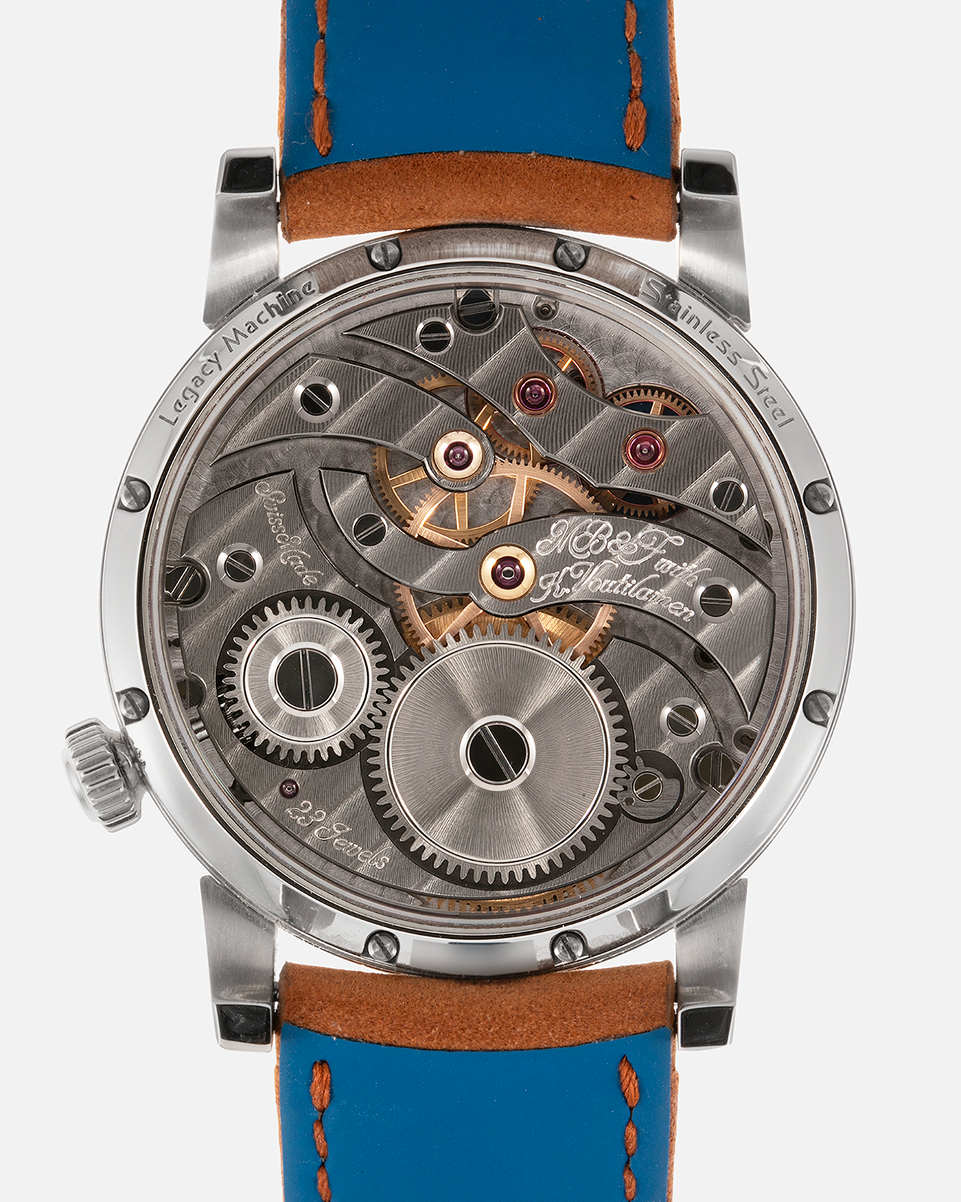 Brand: MB&F Year: 2022 Model: LM101 Steel Blue Material: Stainless Steel with Blue Baseplate Movement: In-House 3-Dimensional MB&F Caliber in Collaboration with Kari Voutilainen, Manual-Winding Case Diameter: 40mm Bracelet/Strap: MB&F Brown Suede Strap and Signed Palladium Deployant Clasp