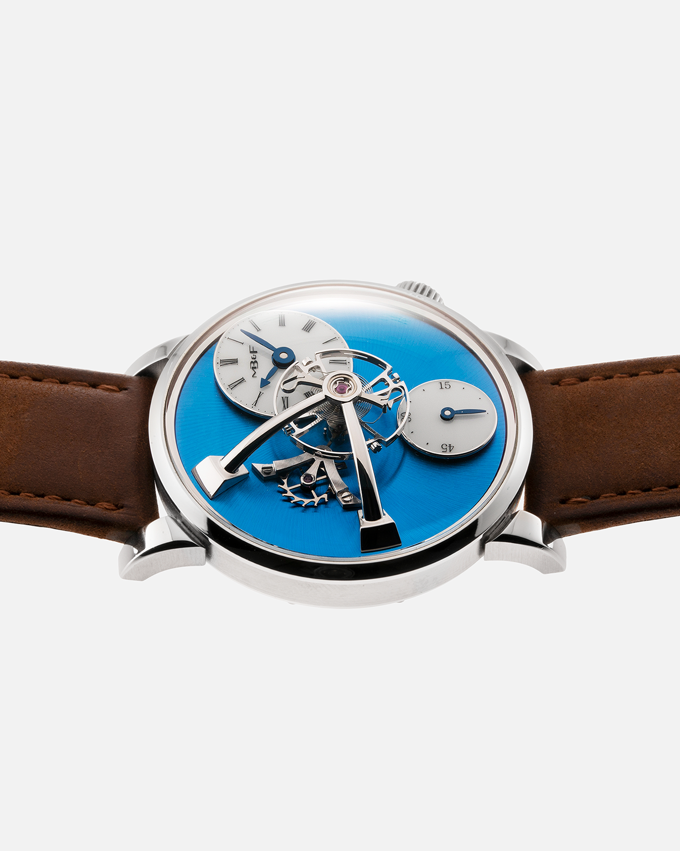 Brand: MB&F Year: 2022 Model: LM101 Steel Blue Material: Stainless Steel with Blue Baseplate Movement: In-House 3-Dimensional MB&F Caliber in Collaboration with Kari Voutilainen, Manual-Winding Case Diameter: 40mm Bracelet/Strap: MB&F Brown Suede Strap and Signed Palladium Deployant Clasp