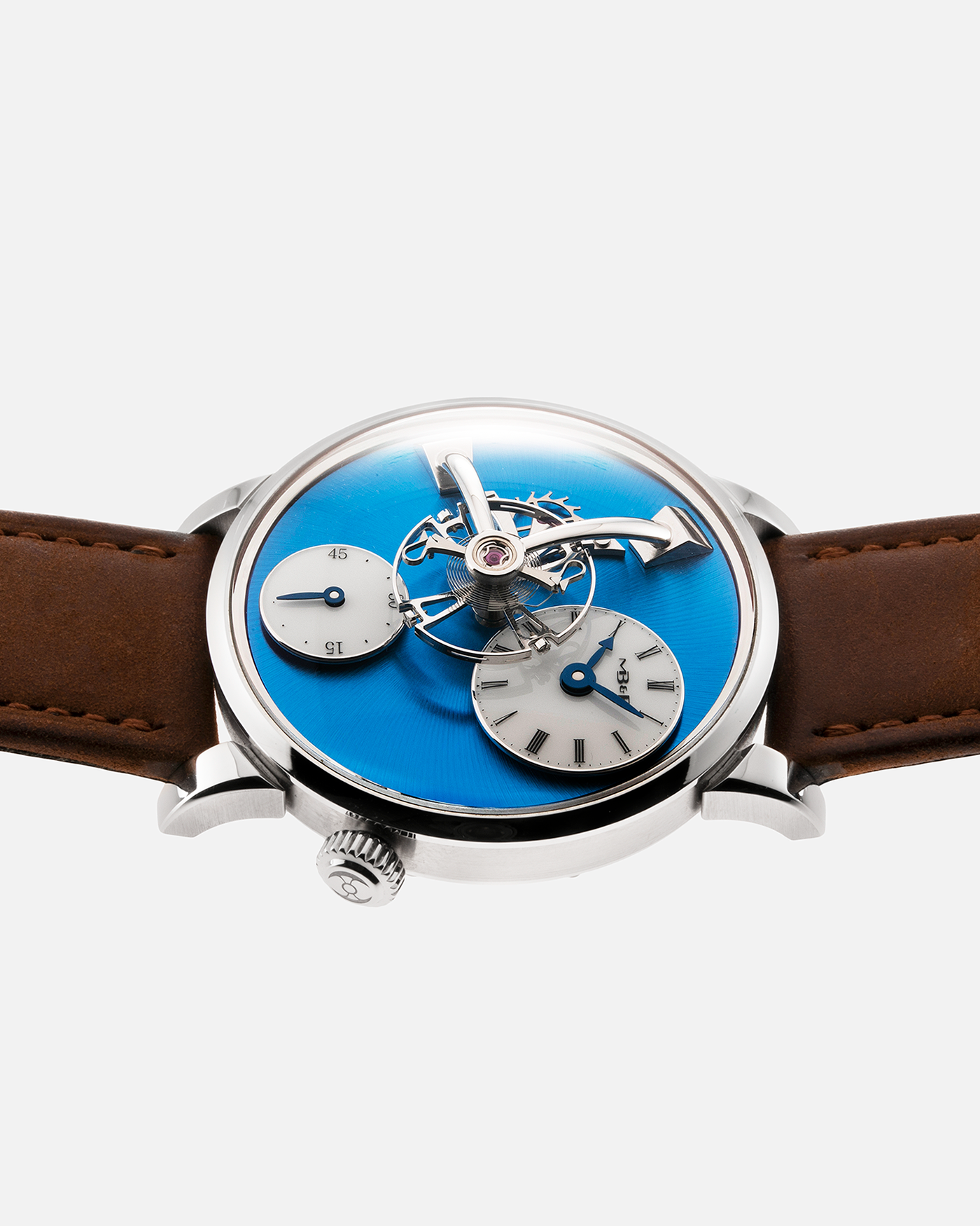 Brand: MB&F Year: 2022 Model: LM101 Steel Blue Material: Stainless Steel with Blue Baseplate Movement: In-House 3-Dimensional MB&F Caliber in Collaboration with Kari Voutilainen, Manual-Winding Case Diameter: 40mm Bracelet/Strap: MB&F Brown Suede Strap and Signed Palladium Deployant Clasp