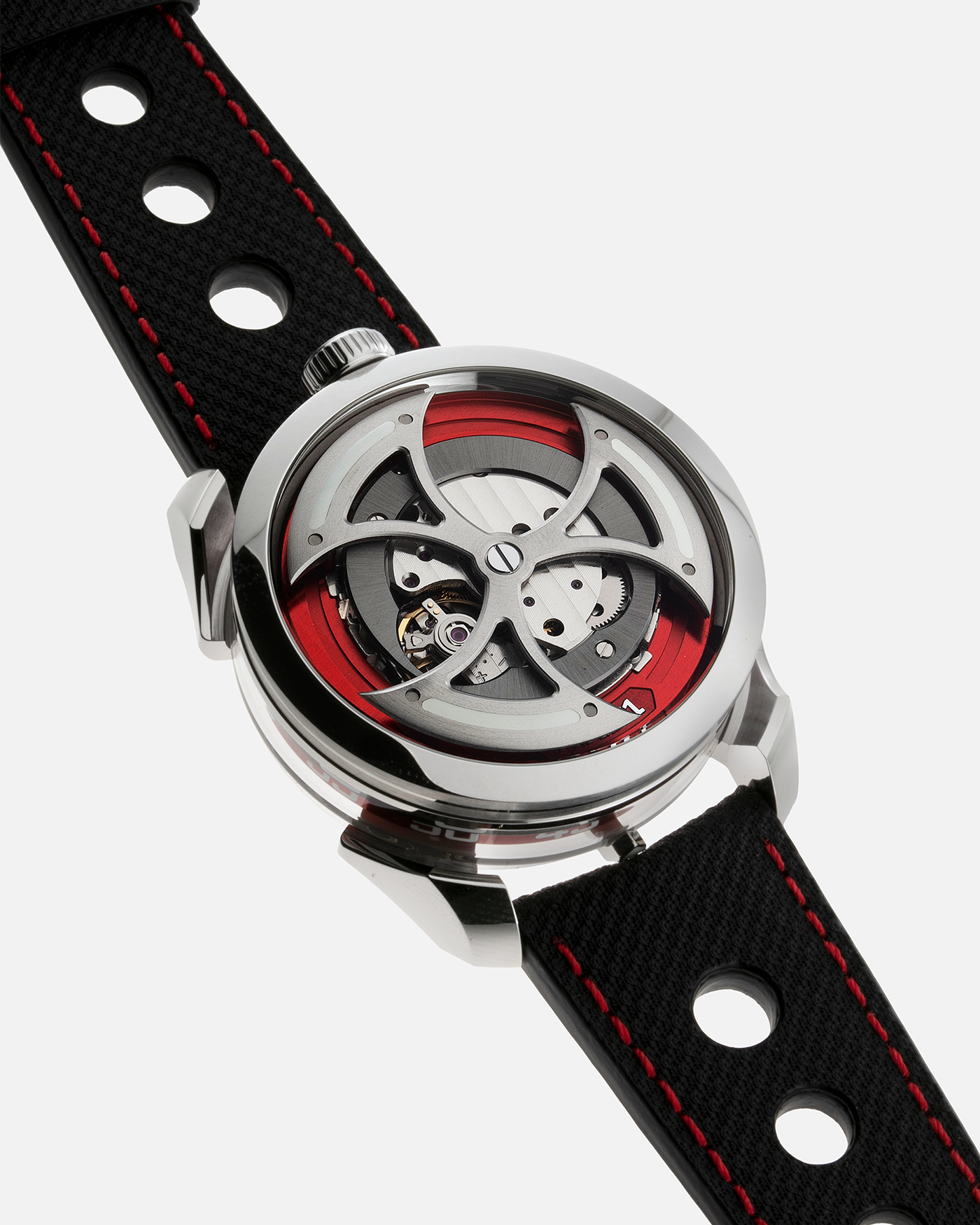 Brand: MB&F Year: 2022 Model: MAD 1 Material: Stainless Steel and Titanium Movement: Miyota Cal 821A Case Diameter: 42mm Bracelet/Strap: MB&F Black Calfskin Leather with Red Stitching and Stainless Steel Deployant Buckle