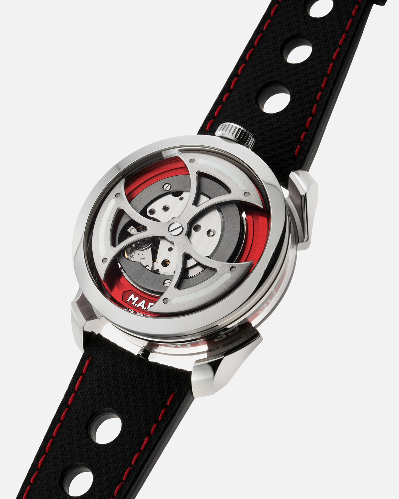 Brand: MB&F Year: 2022 Model: MAD 1 Material: Stainless Steel and Titanium Movement: Miyota Cal 821A Case Diameter: 42mm Bracelet/Strap: MB&F Black Calfskin Leather with Red Stitching and Stainless Steel Deployant Buckle