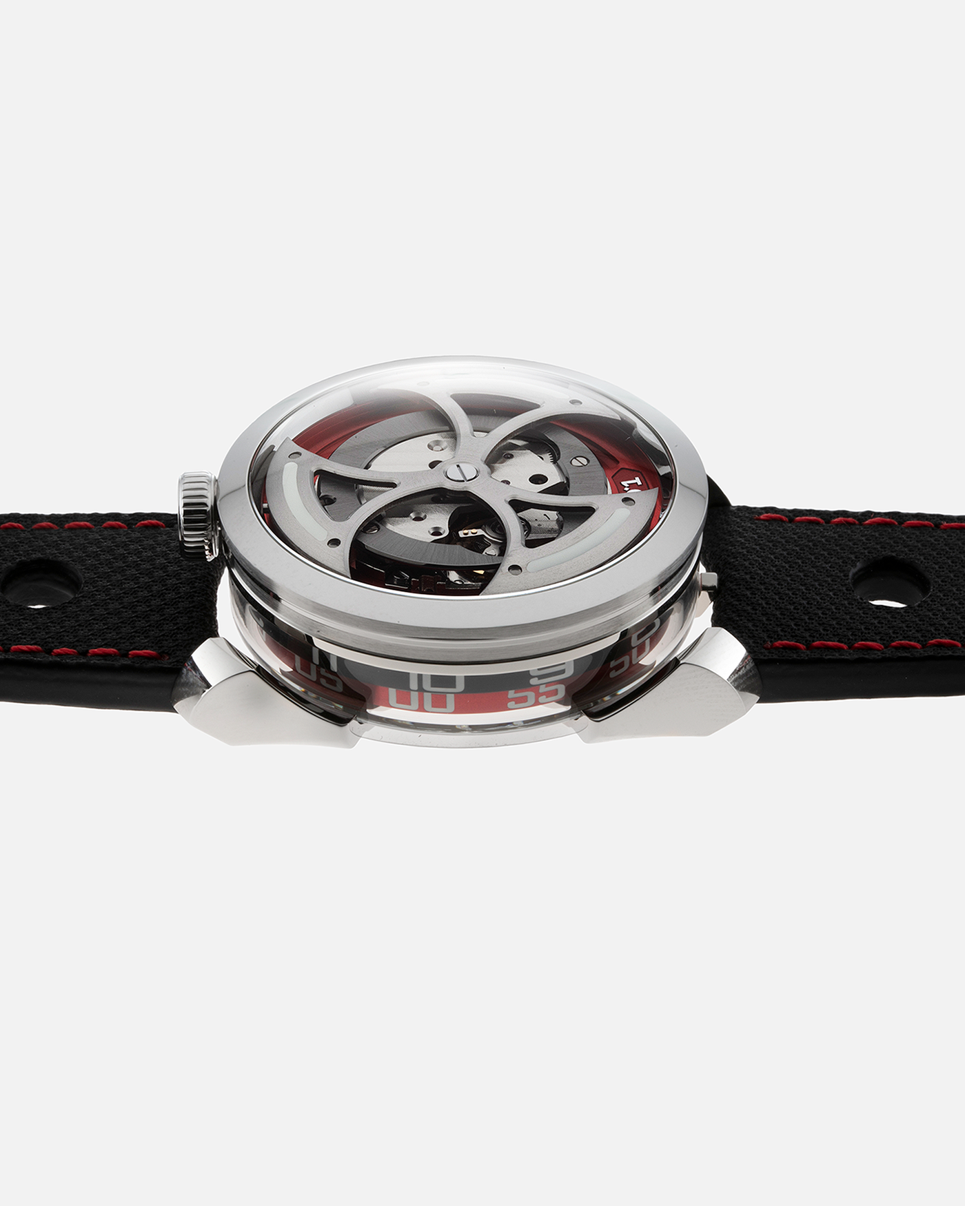 Brand: MB&F Year: 2022 Model: MAD 1 Material: Stainless Steel and Titanium Movement: Miyota Cal 821A Case Diameter: 42mm Bracelet/Strap: MB&F Black Calfskin Leather with Red Stitching and Stainless Steel Deployant Buckle
