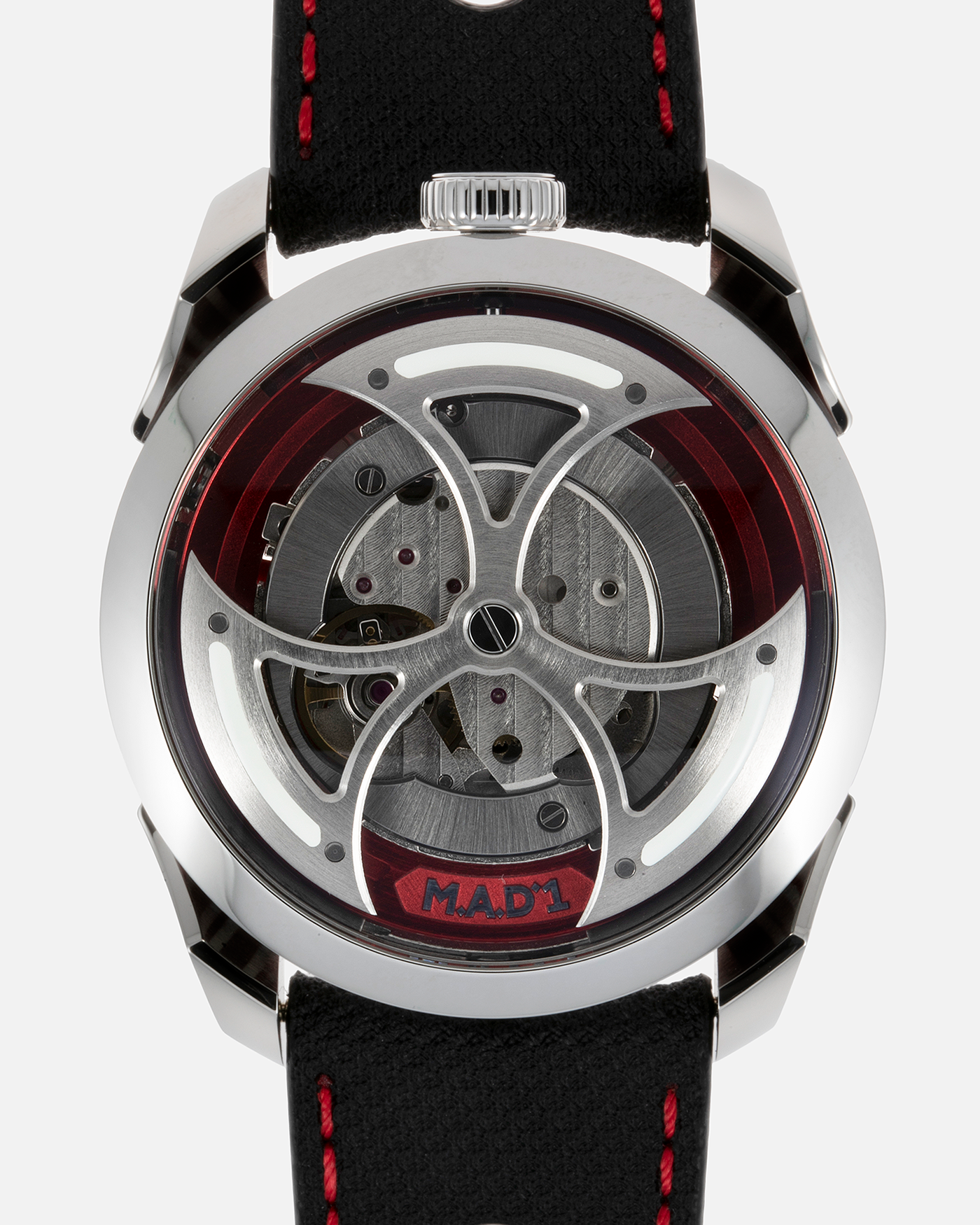 Brand: MB&F Year: 2022 Model: MAD 1 Material: Stainless Steel and Titanium Movement: Miyota Cal 821A Case Diameter: 42mm Bracelet/Strap: MB&F Black Calfskin Leather with Red Stitching and Stainless Steel Deployant Buckle