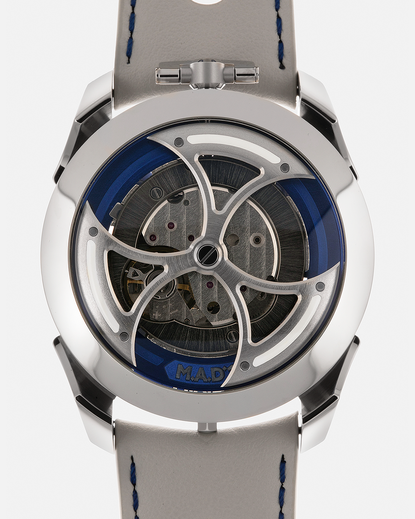Brand: MB&F
Year: 2021
Model: MAD 1 Blue
Material: Stainless Steel and Titanium
Movement: Miyota Cal. 821A, Self-Winding
Case Dimensions: 42mm x 18.8mm (Lug-to-Lug 50.5mm)
Strap: MB&F White Grey Leather Rally Strap with Signed Stainless Steel Deployant 