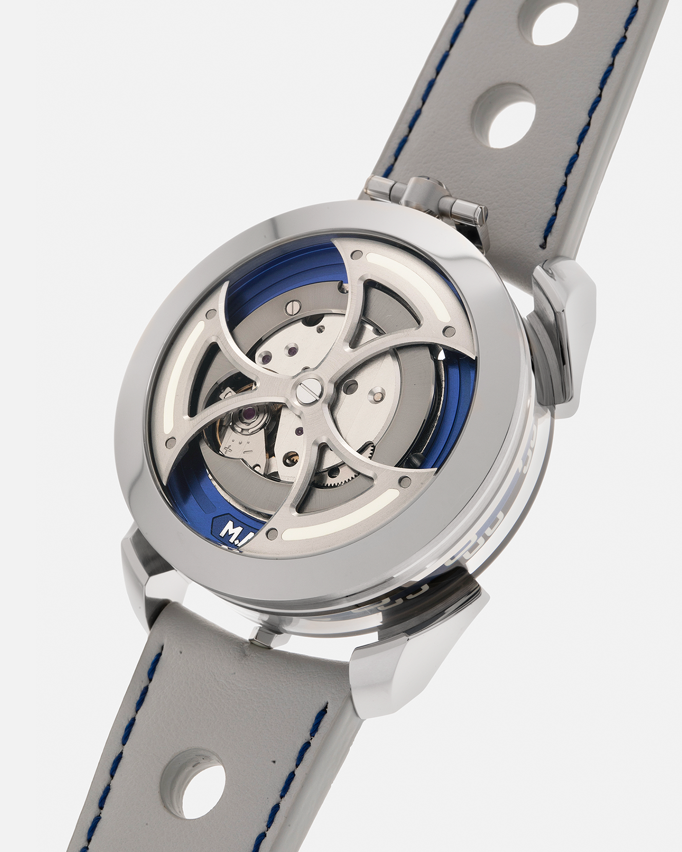 Brand: MB&F
Year: 2021
Model: MAD 1 Blue
Material: Stainless Steel and Titanium
Movement: Miyota Cal. 821A, Self-Winding
Case Dimensions: 42mm x 18.8mm (Lug-to-Lug 50.5mm)
Strap: MB&F White Grey Leather Rally Strap with Signed Stainless Steel Deployant 