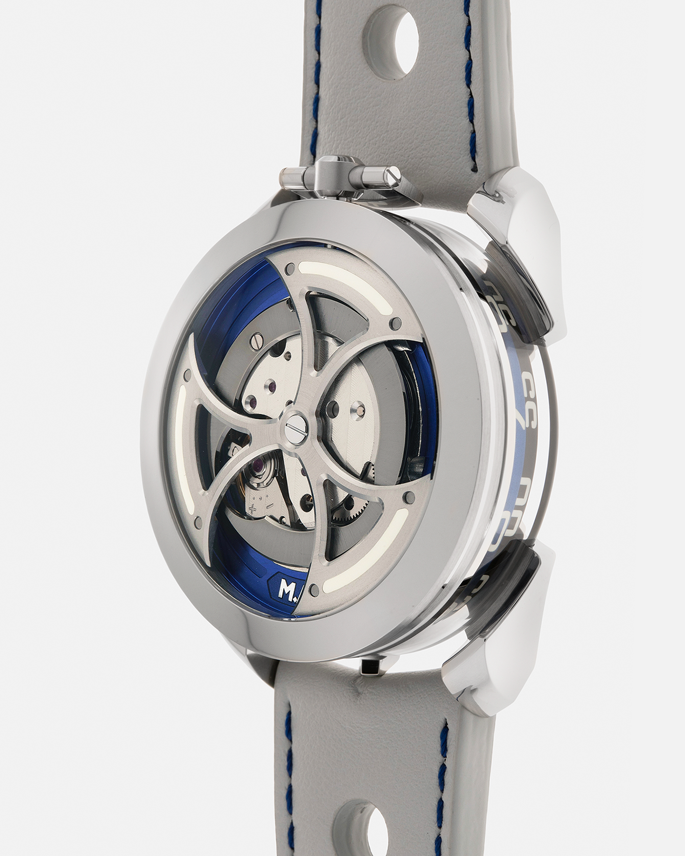 Brand: MB&F
Year: 2021
Model: MAD 1 Blue
Material: Stainless Steel and Titanium
Movement: Miyota Cal. 821A, Self-Winding
Case Dimensions: 42mm x 18.8mm (Lug-to-Lug 50.5mm)
Strap: MB&F White Grey Leather Rally Strap with Signed Stainless Steel Deployant 