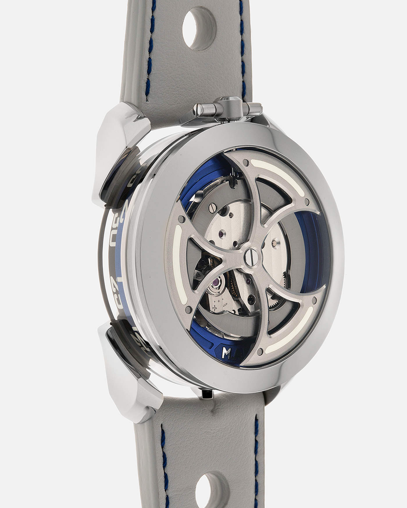 Brand: MB&F
Year: 2021
Model: MAD 1 Blue
Material: Stainless Steel and Titanium
Movement: Miyota Cal. 821A, Self-Winding
Case Dimensions: 42mm x 18.8mm (Lug-to-Lug 50.5mm)
Strap: MB&F White Grey Leather Rally Strap with Signed Stainless Steel Deployant 