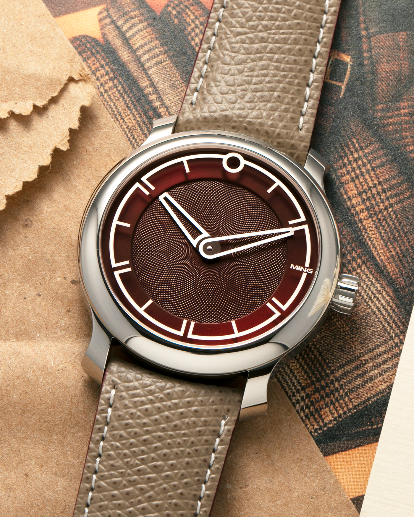 Brand: MING
Year: 2022
Model: 17.09
Material: Stainless Steel 316L
Movement: MING Cal. 330.M1 (Heavily Modified Sellita Cal. SW330-2), Manual-Winding
Case Dimensions: 38mm x 10mm
Lug Width: 20mm
Strap: Jean Rousseau Taupe Leather for MING with Signed Stainless Steel Tang Buckle