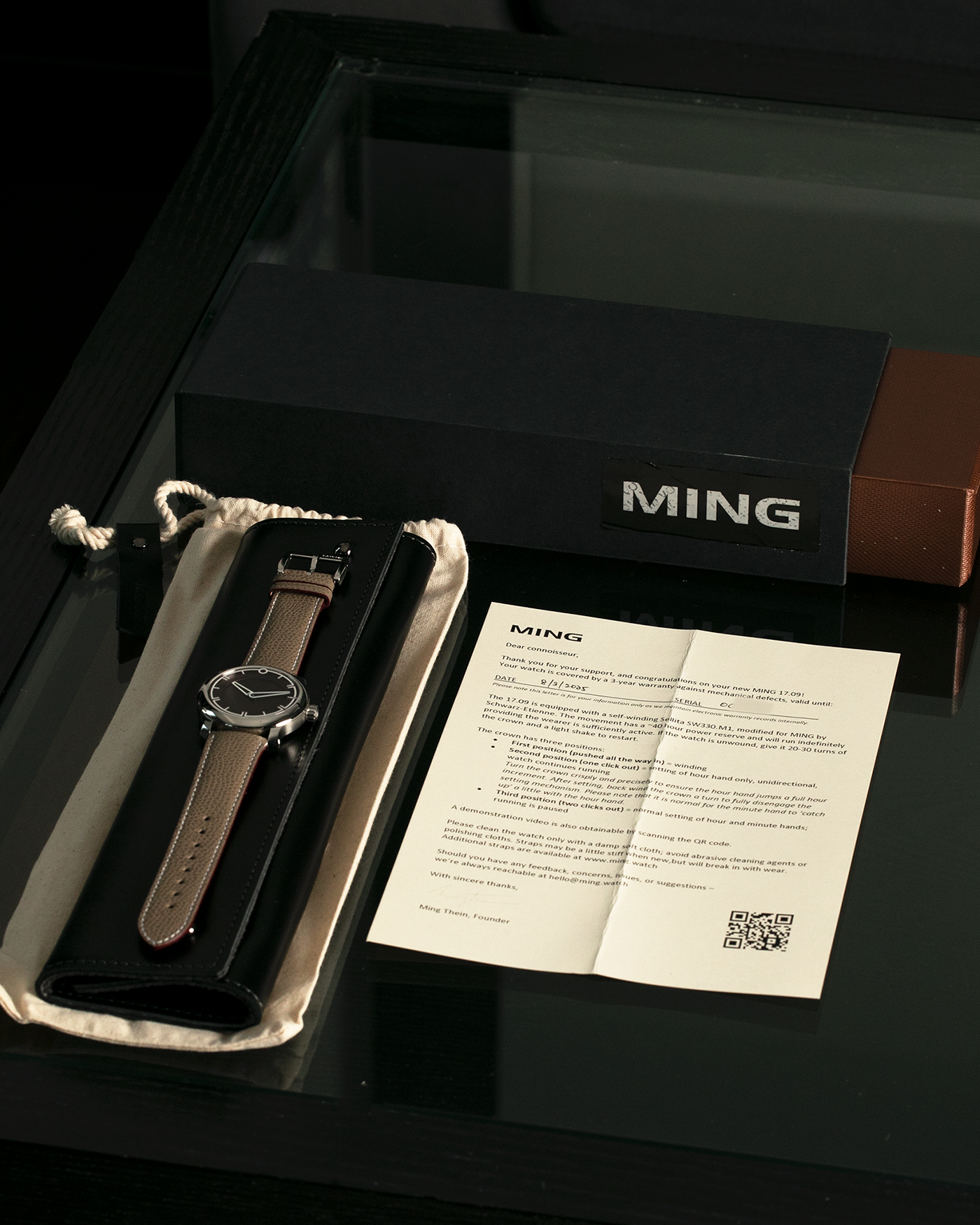 Brand: MING
Year: 2022
Model: 17.09
Material: Stainless Steel 316L
Movement: MING Cal. 330.M1 (Heavily Modified Sellita Cal. SW330-2), Manual-Winding
Case Dimensions: 38mm x 10mm
Lug Width: 20mm
Strap: Jean Rousseau Taupe Leather for MING with Signed Stainless Steel Tang Buckle