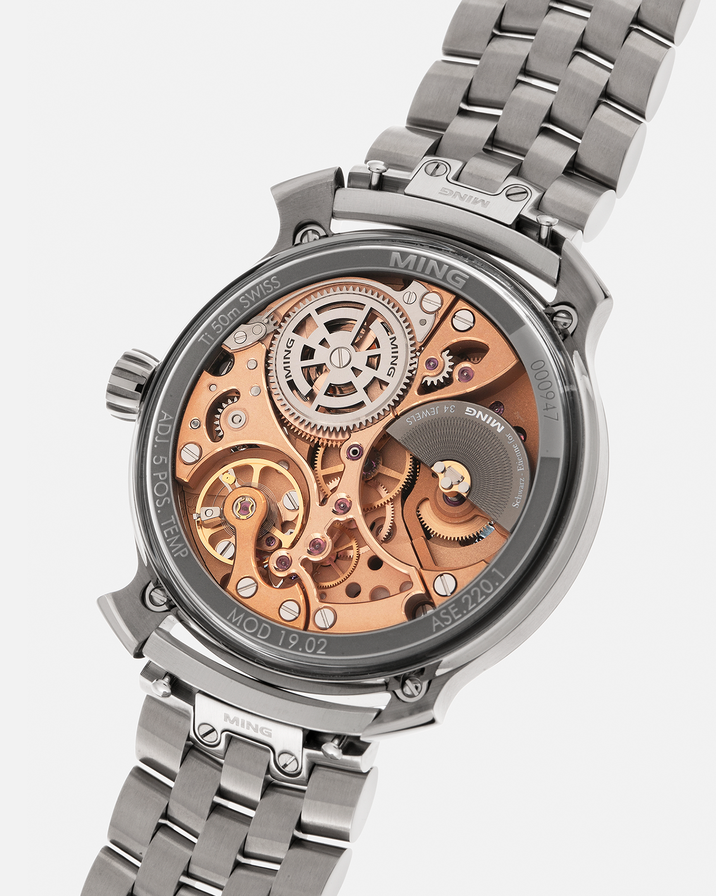 Brand: MING
Year: 2020
Model: 19.02 World Time
Material: Grade 5 Titanium
Movement: Schwarz-Etienne for MING Cal. ASE 220.1, Manual-Winding
Case Dimensions: 39mm x 10.9mm (Lug-to-Lug 43.9mm)
Lug Width: 20mm
Bracelet/Straps: MING Universal Bracelet in Stainless Steel and Titanium, with extra Jean Rousseau x MING Orange Calf, Brown Calf, Dark Brown Suede, Black Suede with Red Stitching Leather Straps