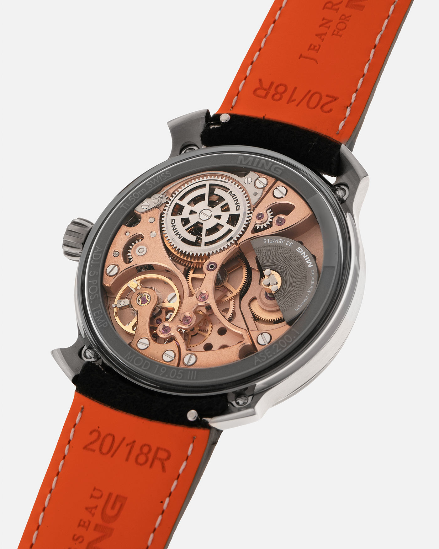 Brand: MING
Year: 2021
Model: 19.05
Material: Grade 5 Titanium
Movement: Schwarz-Etienne for MING Cal. ASE 200.1 Micro Rotor, Self-Winding
Case Diameter: 39mm x 10.9mm (Lug-to-Lug 43.9mm)
Lug Width: 20mm
Strap: Jean Rousseau Black Suede Leather Strap for MING with Signed Grade 5 Titanium Keeperless Flying Blade Buckle