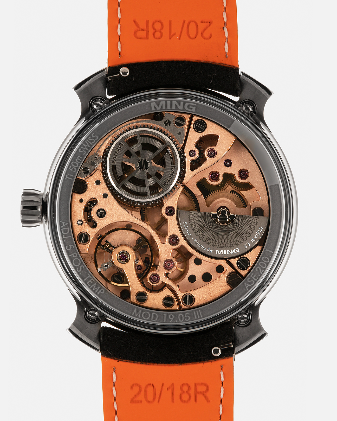 Brand: MING
Year: 2021
Model: 19.05
Material: Grade 5 Titanium
Movement: Schwarz-Etienne for MING Cal. ASE 200.1 Micro Rotor, Self-Winding
Case Diameter: 39mm x 10.9mm (Lug-to-Lug 43.9mm)
Lug Width: 20mm
Strap: Jean Rousseau Black Suede Leather Strap for MING with Signed Grade 5 Titanium Keeperless Flying Blade Buckle