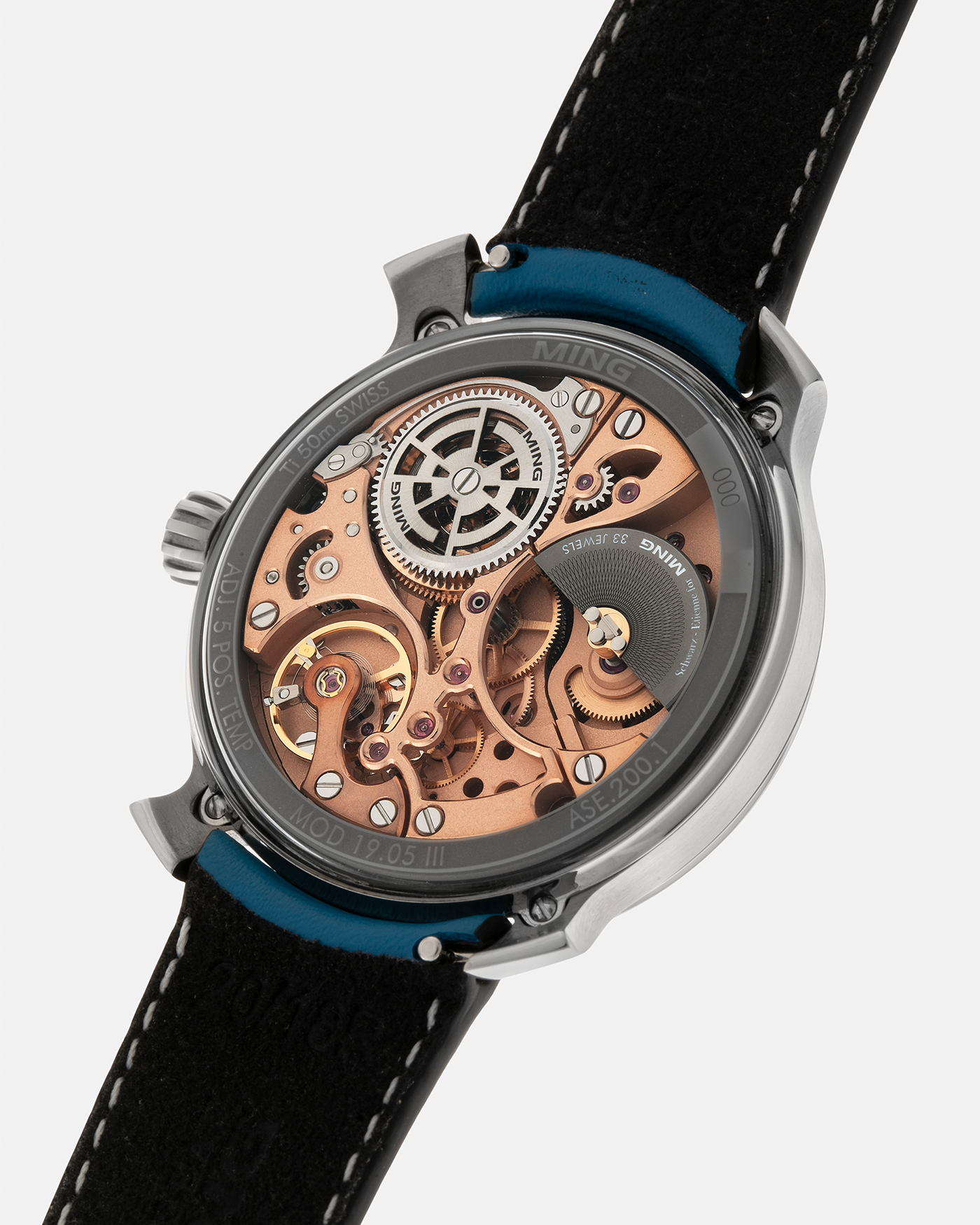 Brand: MING
Year: 2021
Model: 19.05, Limited to 15 Pieces
Material: Grade 5 Titanium
Movement: Schwarz-Etienne for MING Cal. ASE200.1, Manual-Winding
Case Dimensions: 39mm x 10.9mm (Lug-to-Lug 43mm)
Lug Width: 20mm
Strap/Bracelet: Jean Rousseau Sea Blue Calf Leather Strap for MING with Signed Grade 5 Titanium Tang Buckle, additional MING Universal Stainless Steel Bracelet