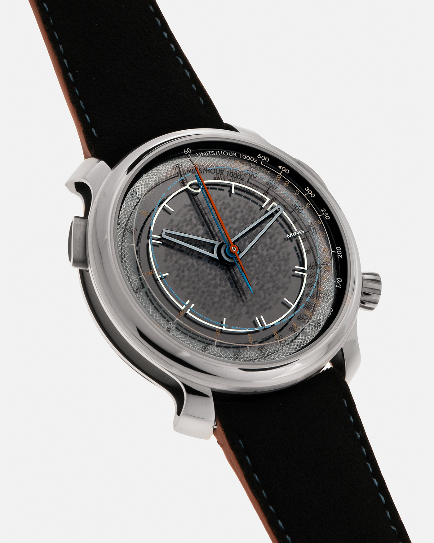 Brand: MING
Year: 2022
Model: 20.01 Series II ‘Special Projects Cave’, Limited to 50 pieces
Material: Grade 5 Titanium Case, DLC-Coated Case Band, Grade 2 Titanium Dial Base
Movement: Agenhor for MING Agengraphe Cal. 6361.M1, Manual-Winding
Case Dimensions: 41.5mm x 14.2mm (Lug-to-Lug 46mm)
Lug Width: 22mm
Strap: Jean Rousseau Black Alcantara for MING with Signed DLC-Coated Grade 5 Titanium Keeperless Flying Blade Buckle